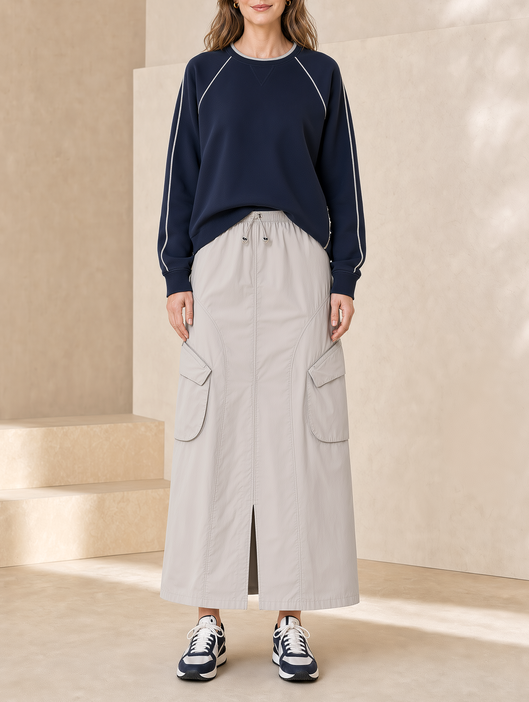 Navy Sweatshirt With Contrasting Lines & Utility Skirt Set