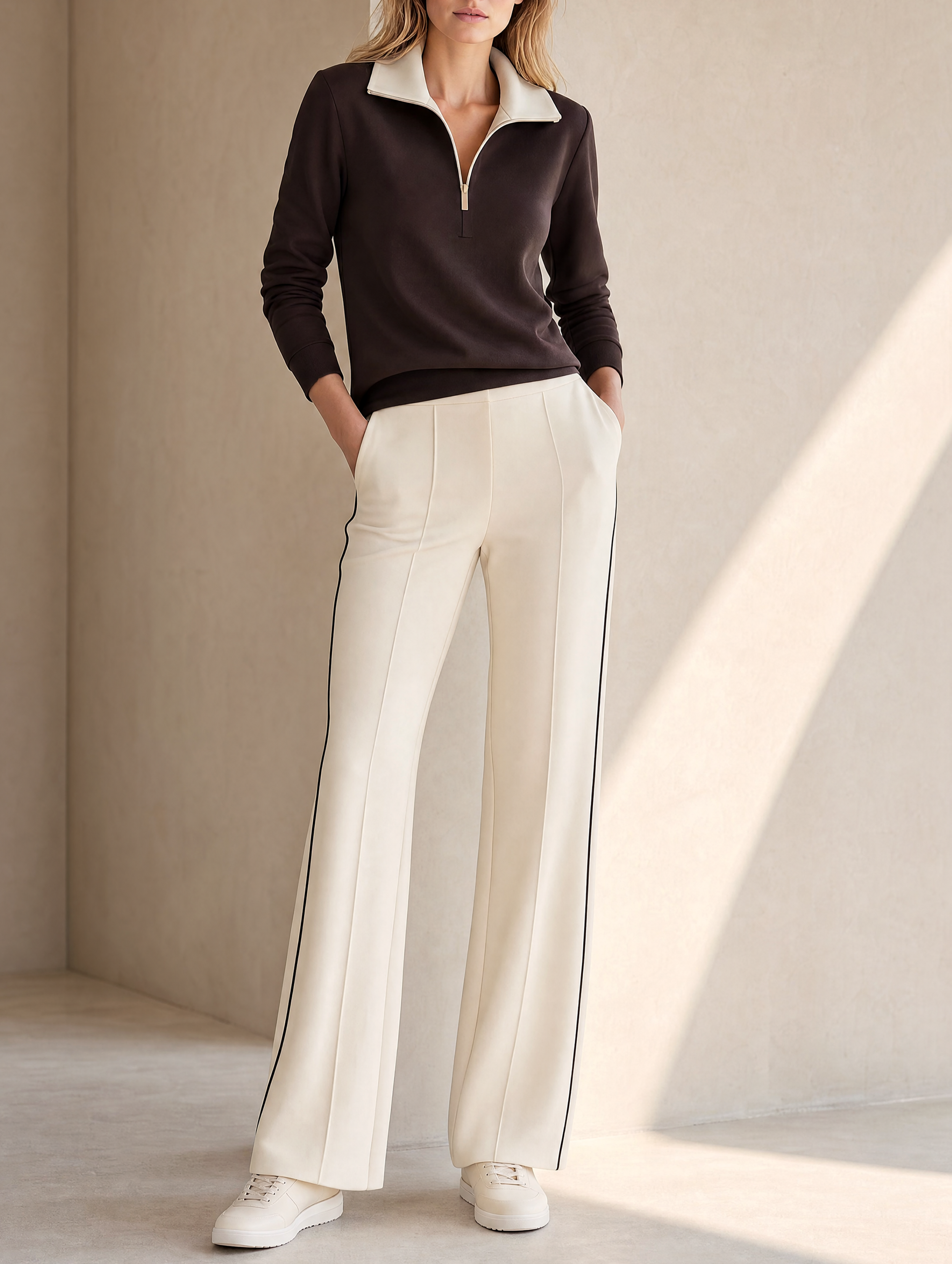 Dark Brown Half-zip Sweatshirt And Slight-flare Casual Trousers Set