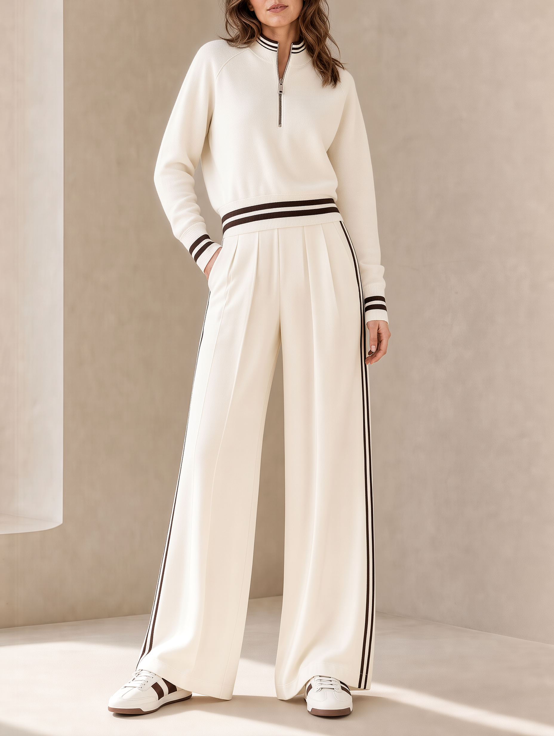 Off-white And Brown Striped Mock-neck Sweatshirt And Wide-leg Pants Set