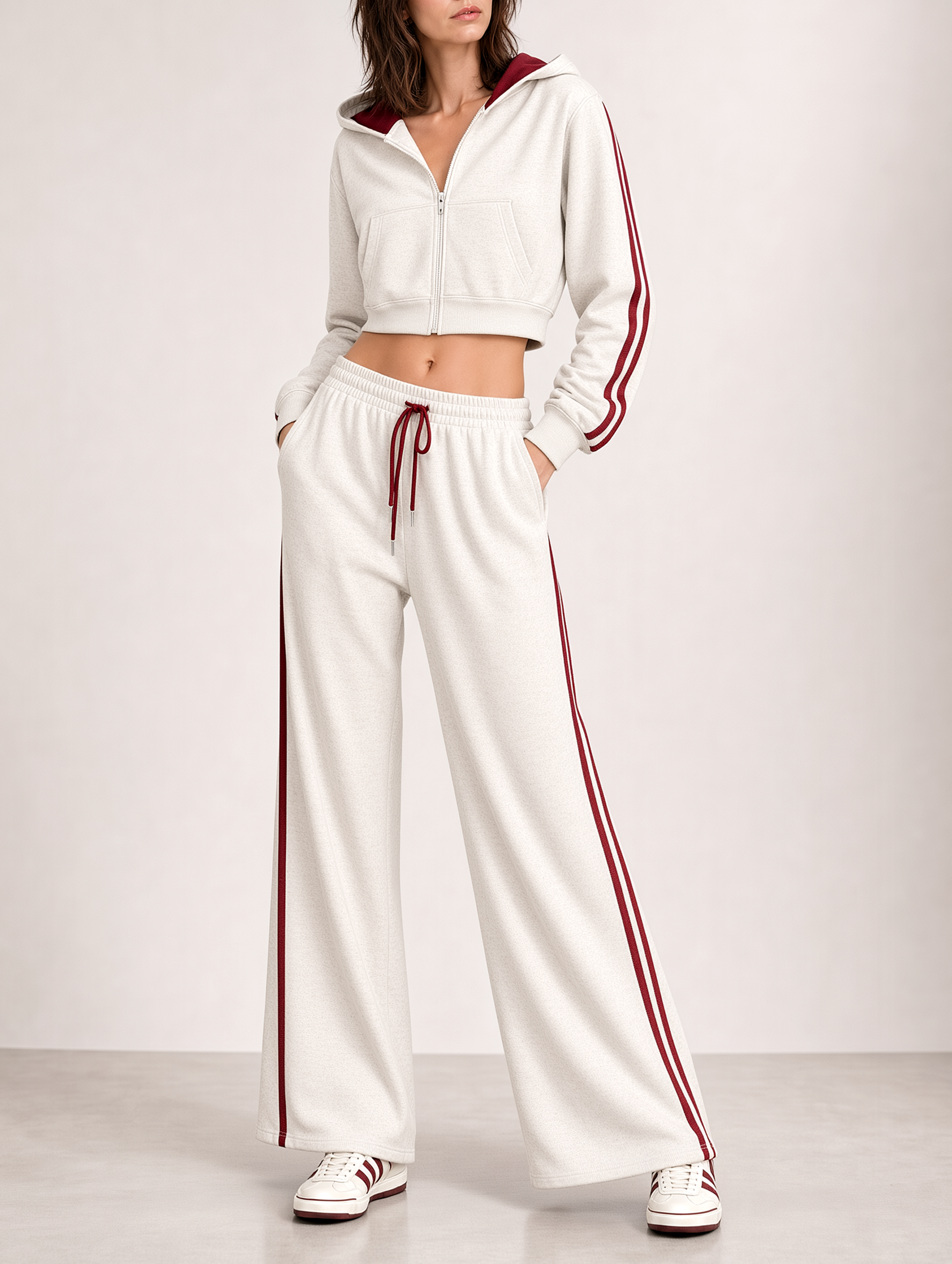 Off-white And Burgundy Hooded Zip-up And Wide-leg Pants Set