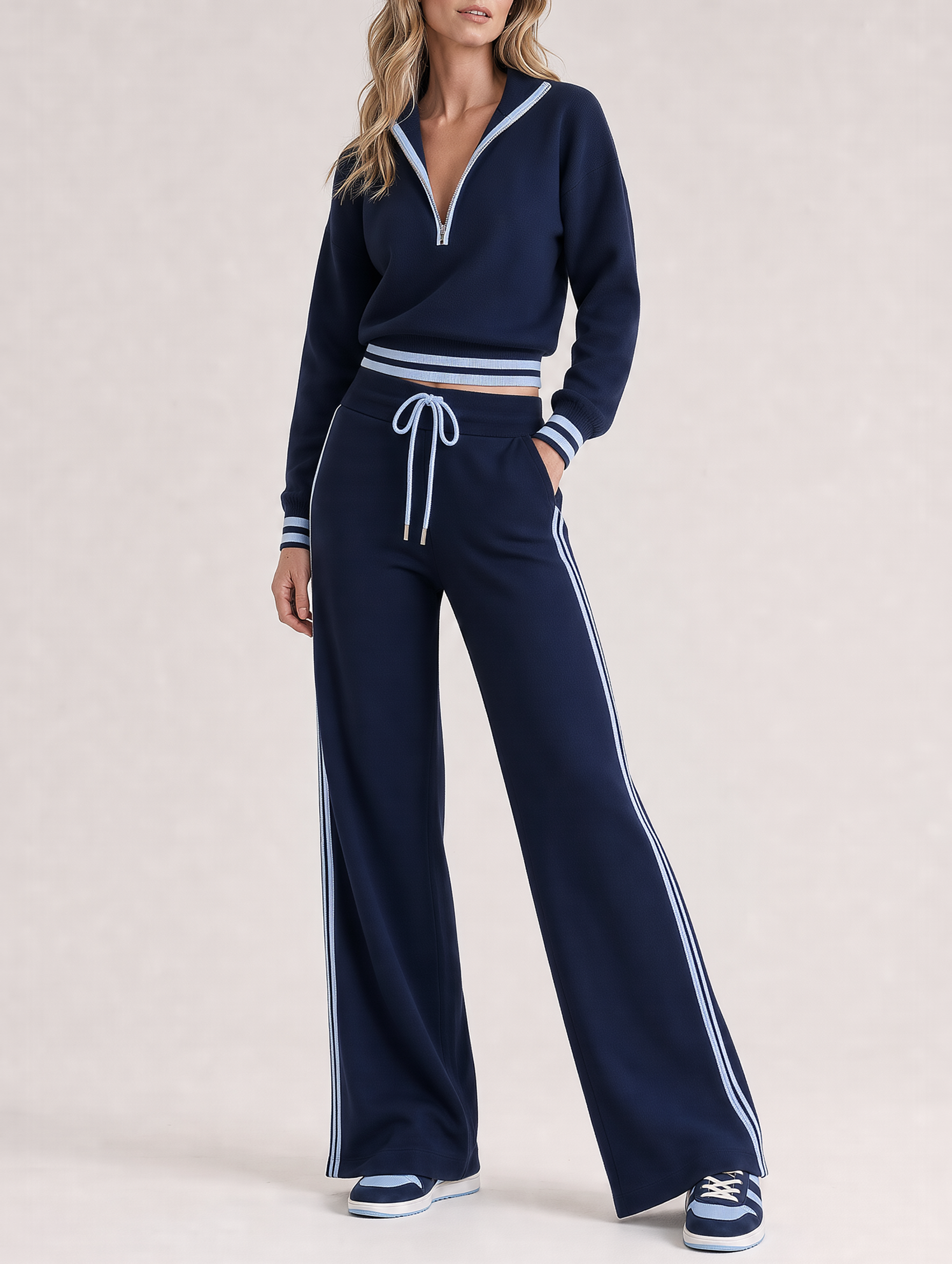 Women's Quarter-Zip Cropped Knit Top and Wide-Leg Pants Two-Piece Set