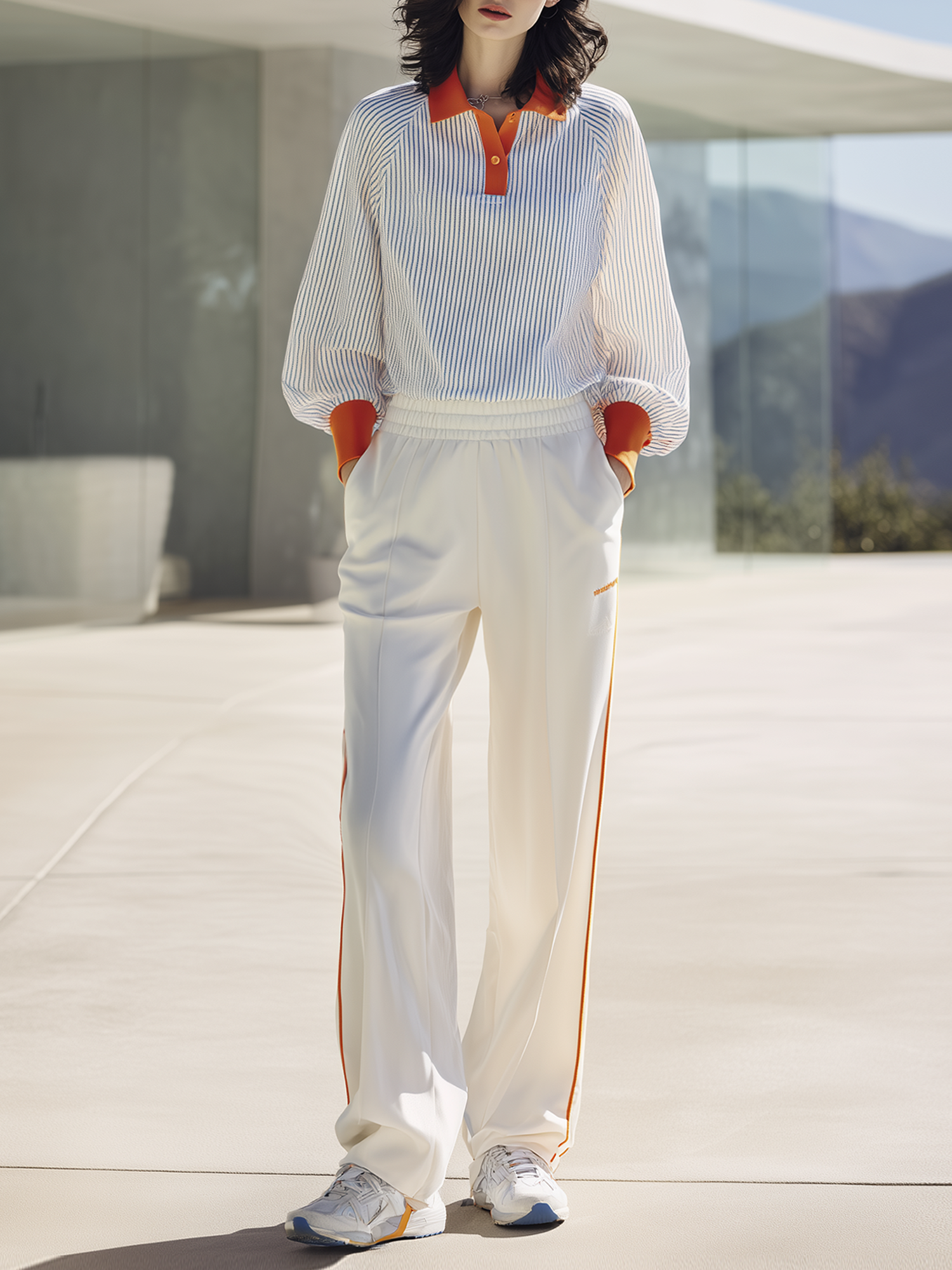Striped Polo Shirt with Contrast Trim & Wide-Leg Pants Set