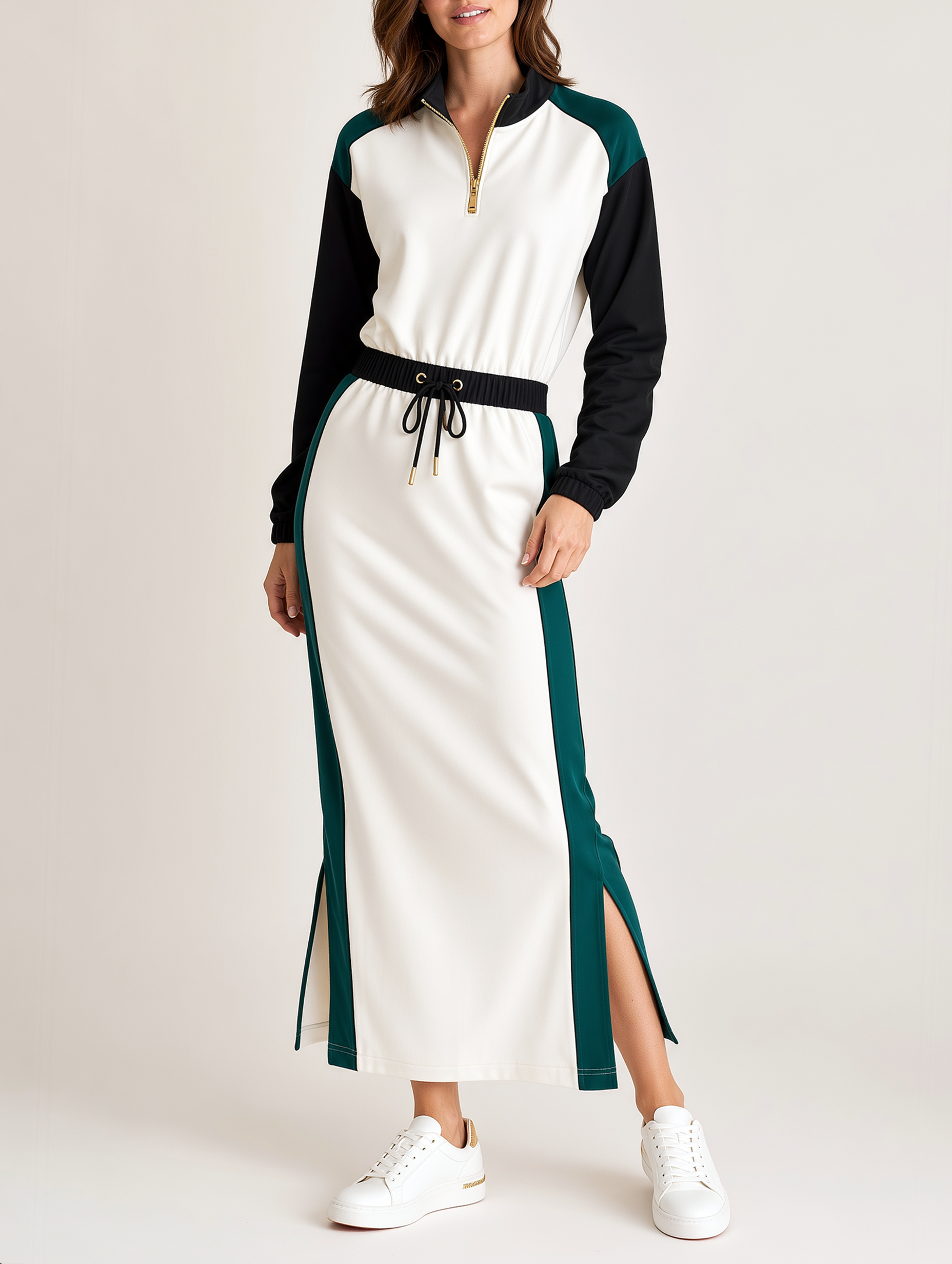 Colorblock Half-Zip Long Sleeve Maxi Dress with Side Slits