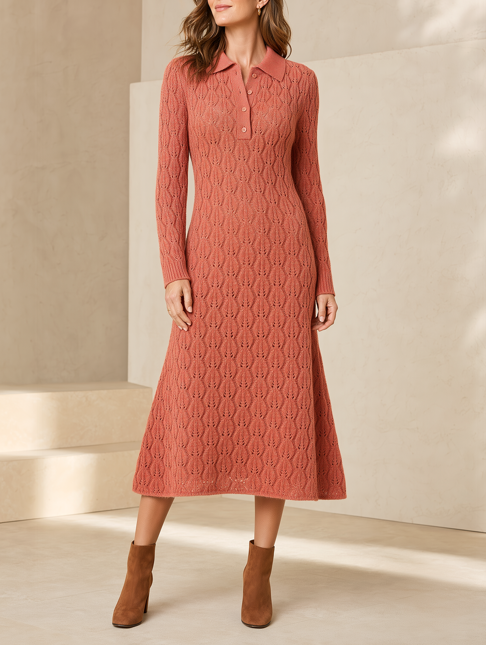 Women's Polo Collar Pointelle Knit Sweater Dress Long Sleeve Midi A-Line Dress
