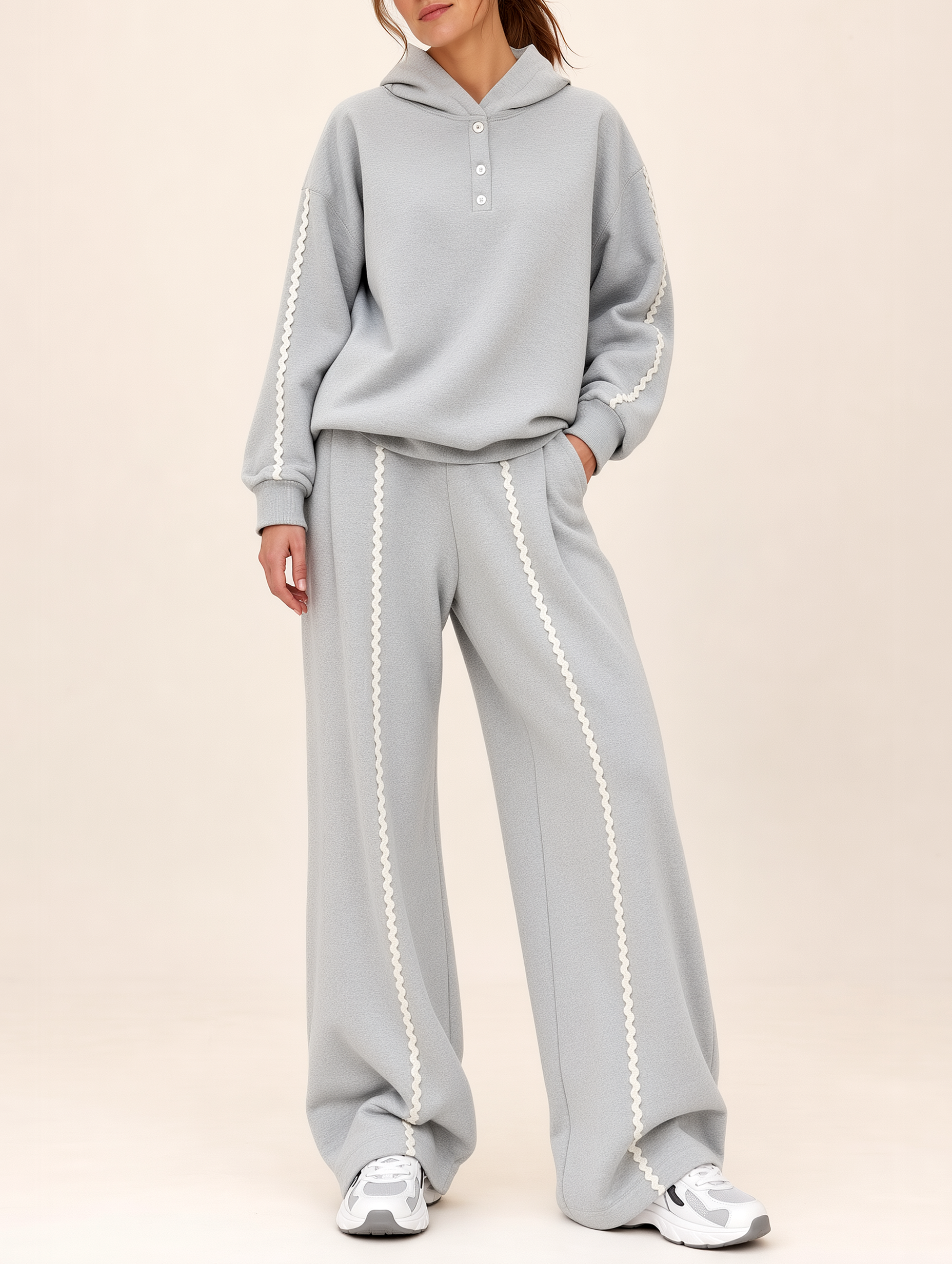 Women's Scalloped-Edge Hoodie And Wide-Leg Pants Set