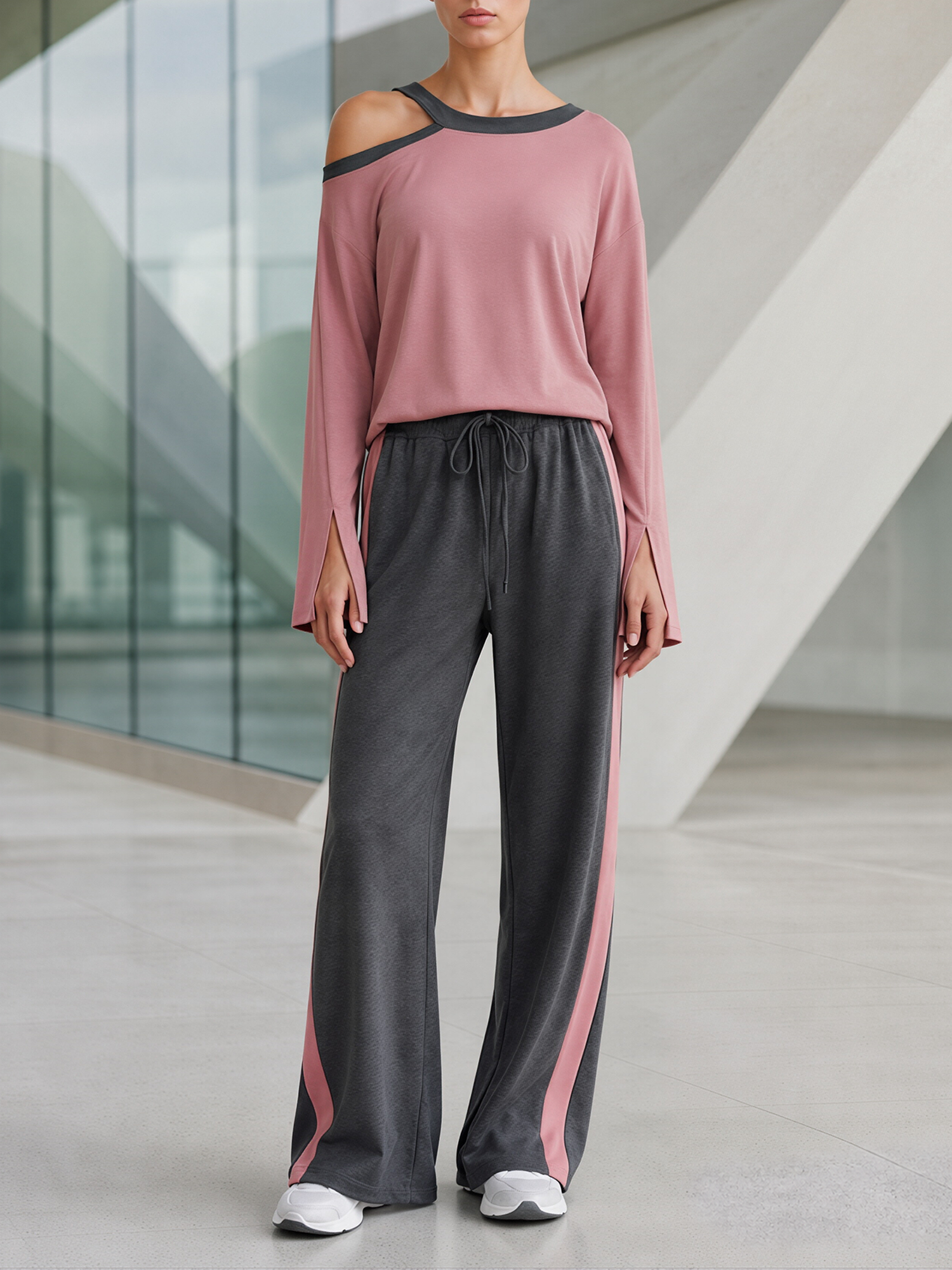 Misty Pink And Dark Gray Cold Shoulder Top & Wide-Leg Pants Set