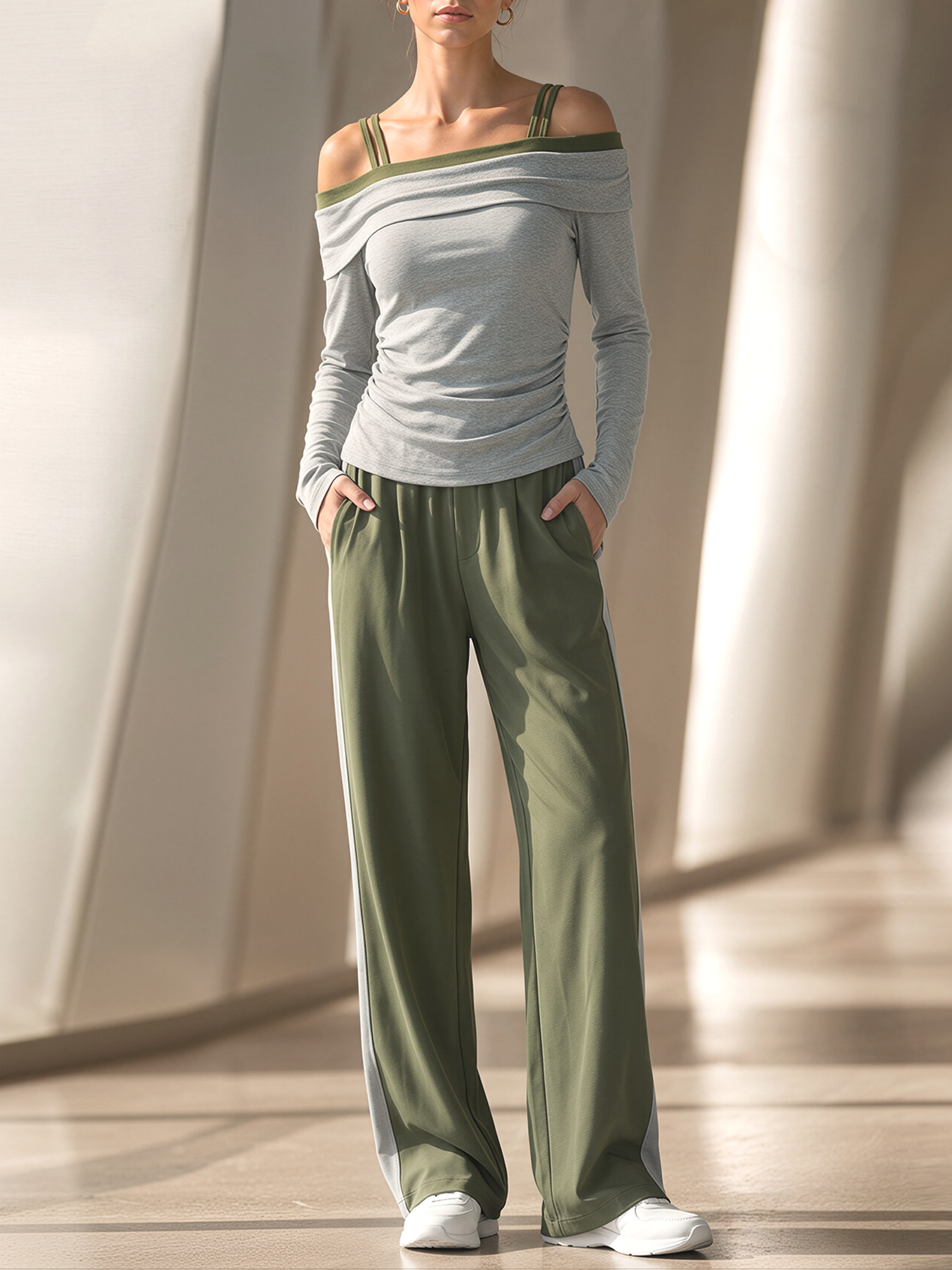 Olive Green And Grey Off-the-shoulder Ruched Top And Wide-leg Trousers Set