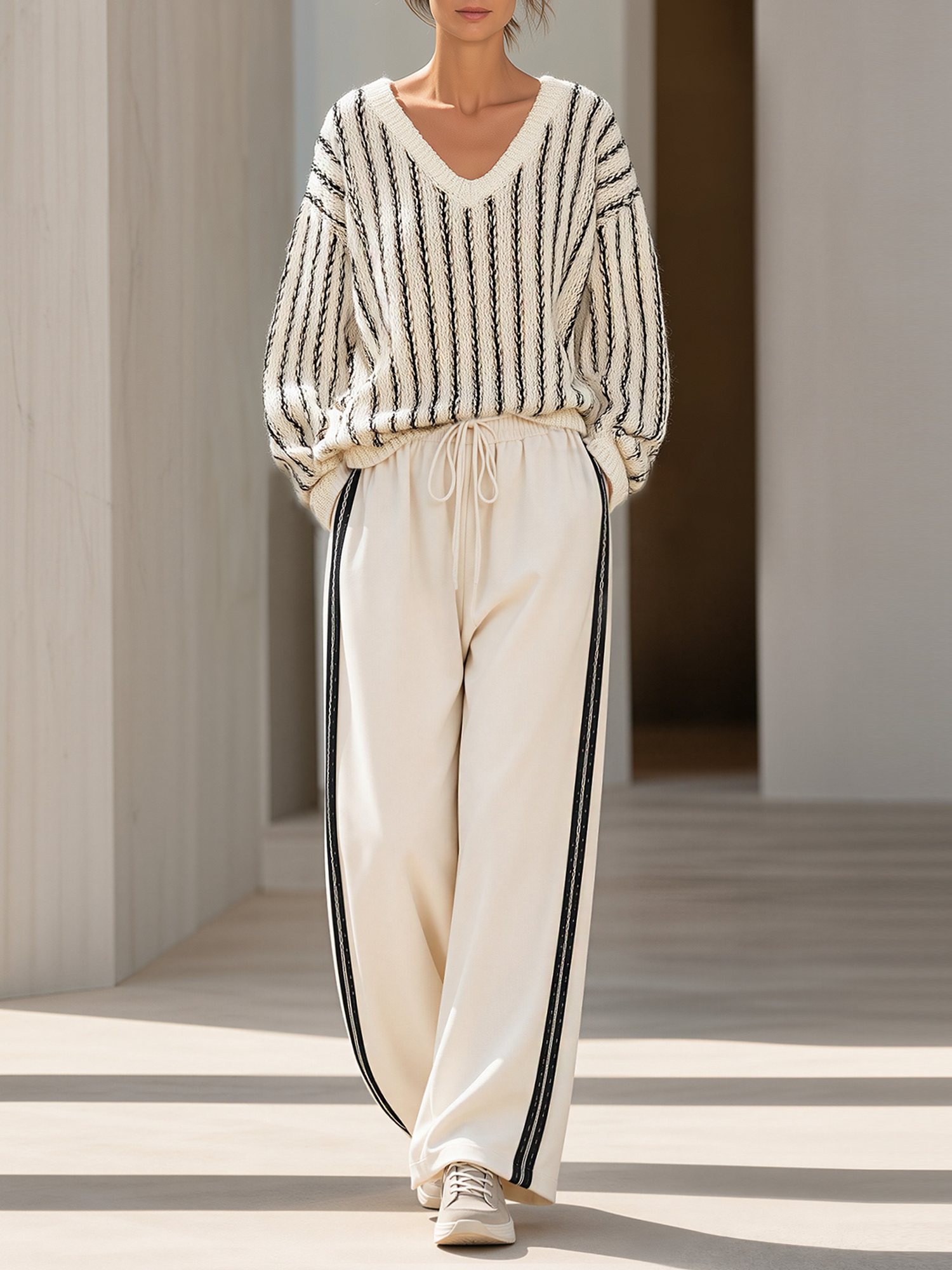 Off-white V-neck Sweater With Contrasting Stripes And Wide-leg Pants Set