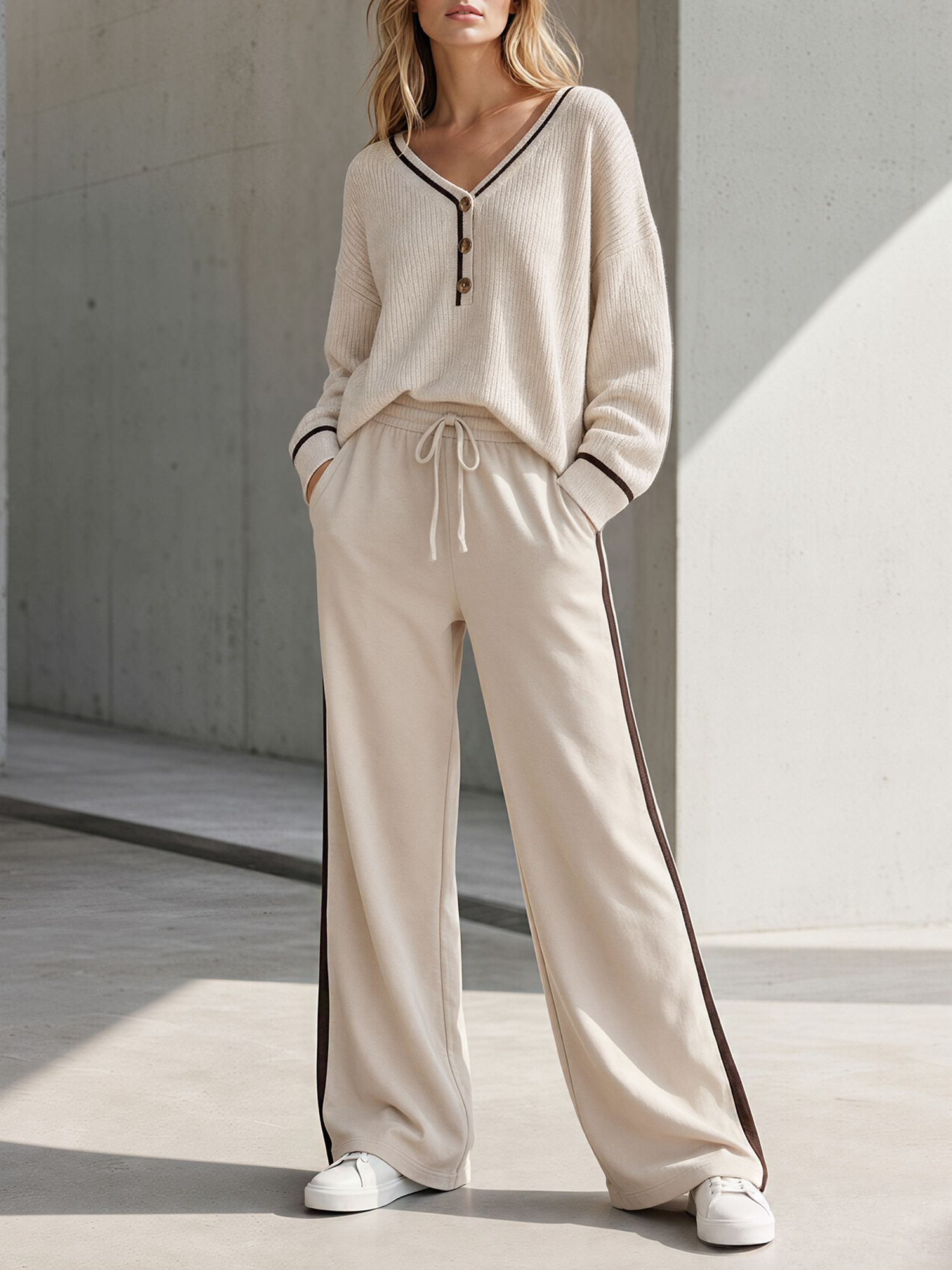 Oatmeal-colored V-neck Sweater And Wide-leg Trousers Set With Color-block Detailing
