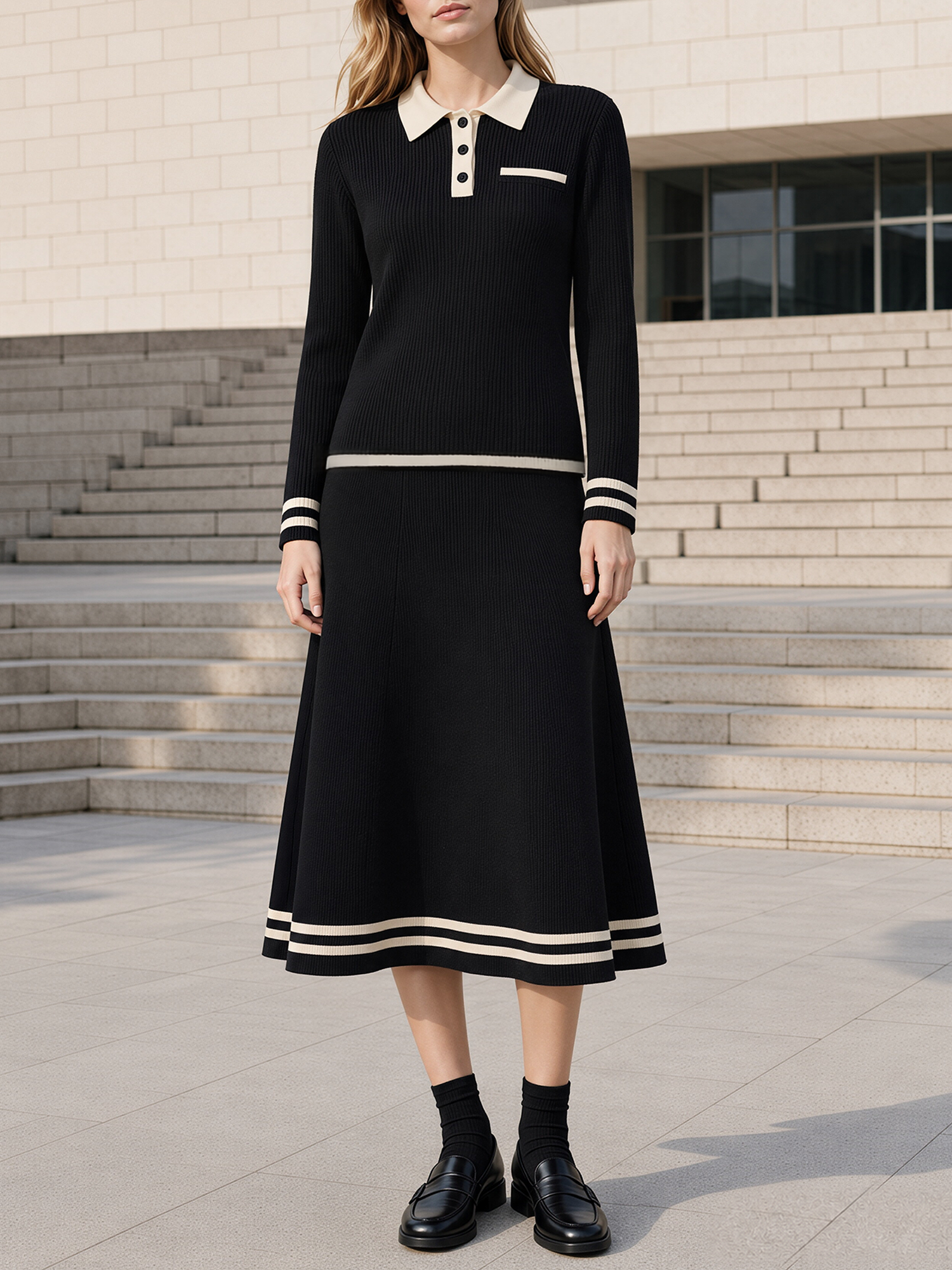 Black And Beige Color-block Knitted Polo Top And Midi Skirt Set