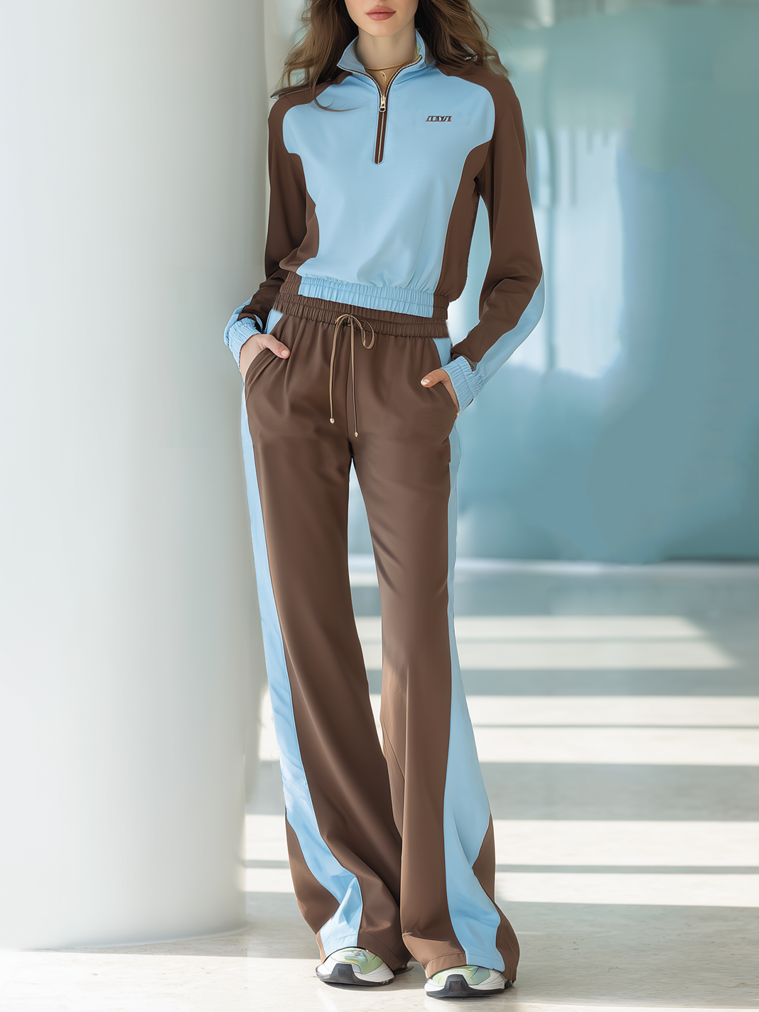 Light Blue And Brown Color Block Embroidered Half-Zip Top And Pants Set