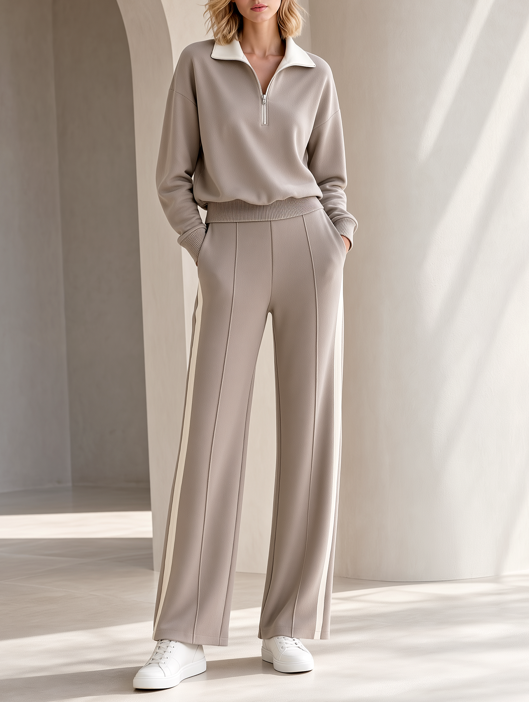 Oatmeal Grey Half-Zip Sweatshirt And Straight-Leg Pants Set