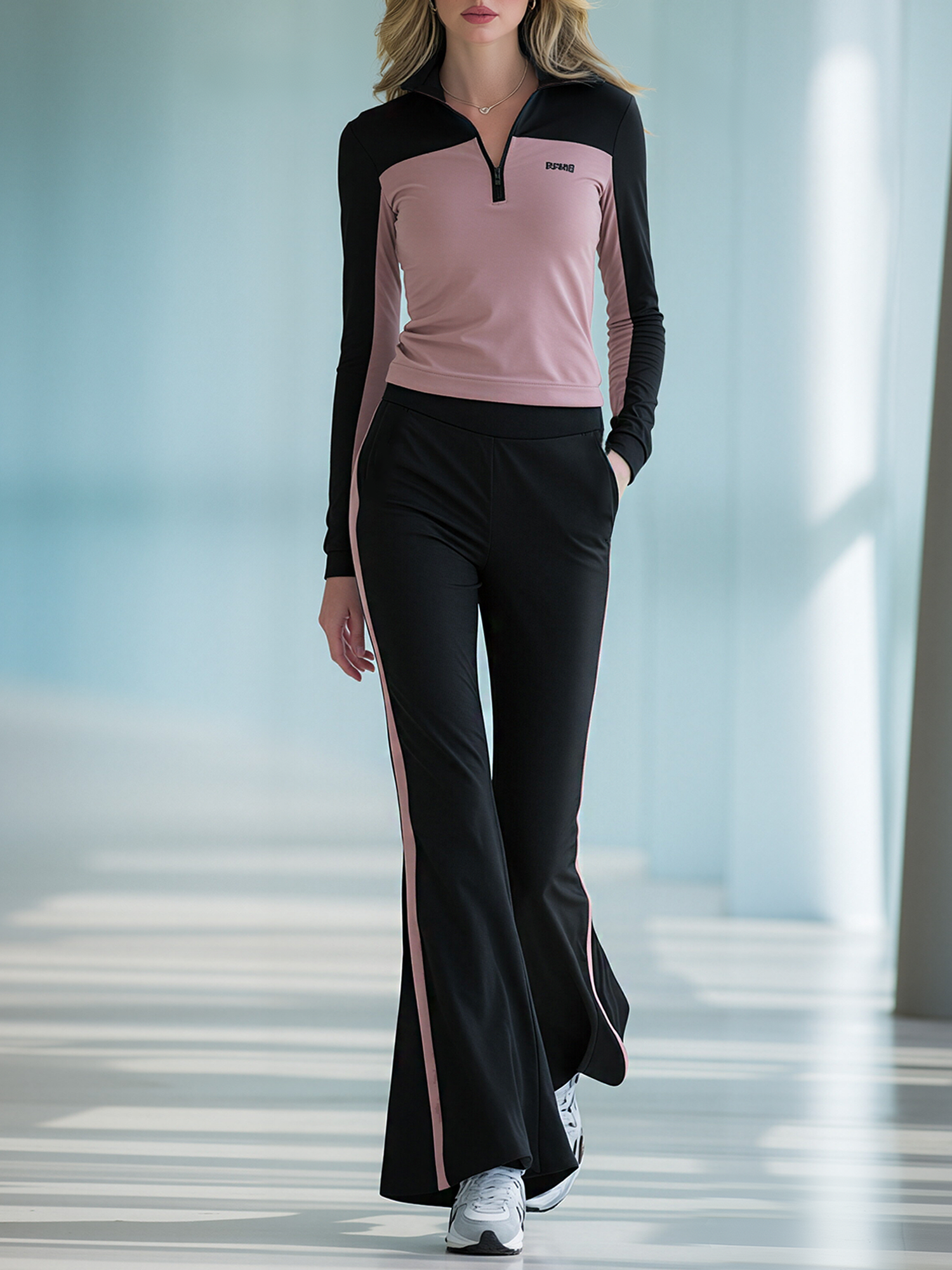 Misty Pink And Black Half-Zip Collar Top & Flare Pants Set