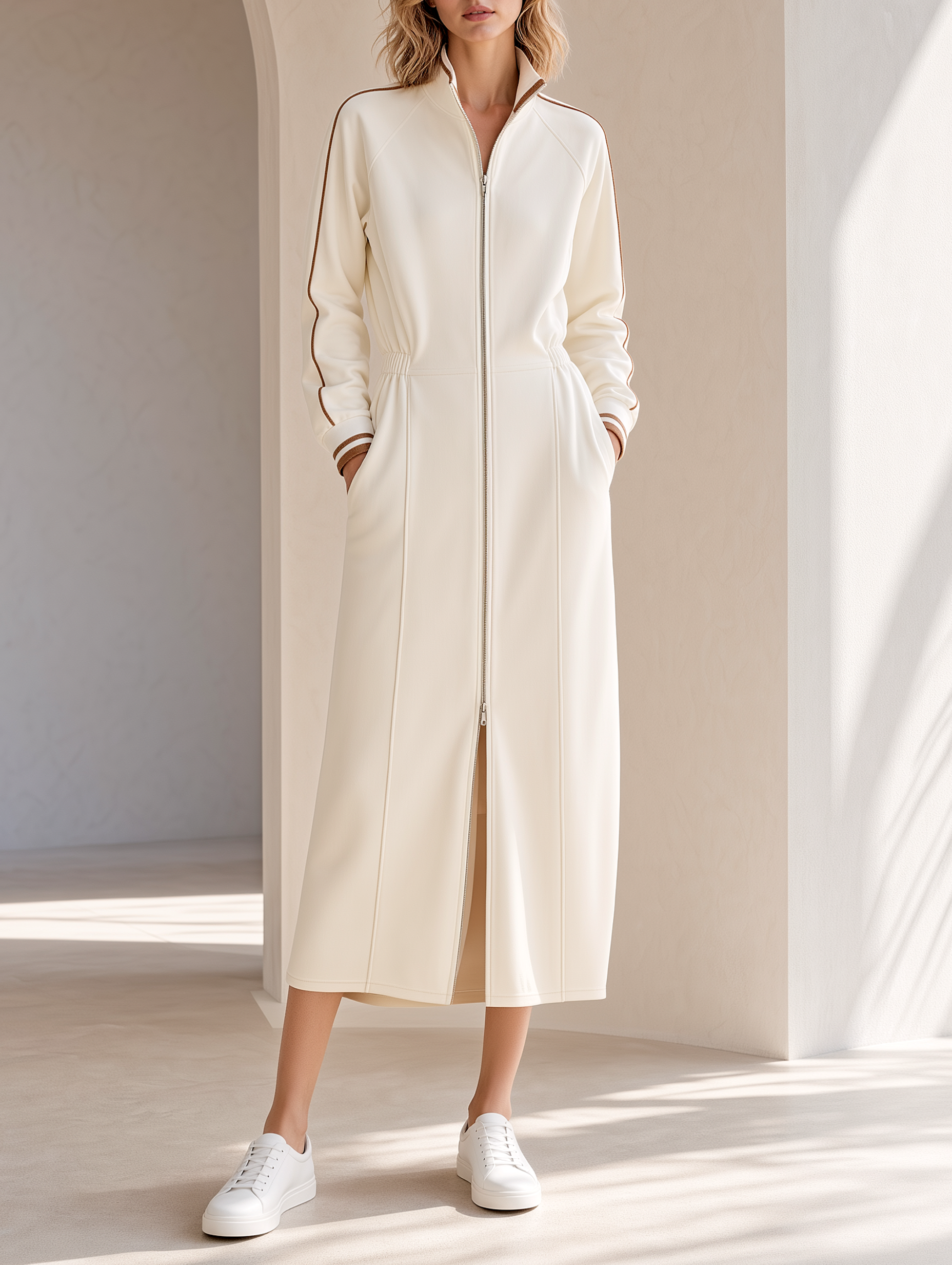 Off-white Stand-collar Zip-front Sweatshirt Dress