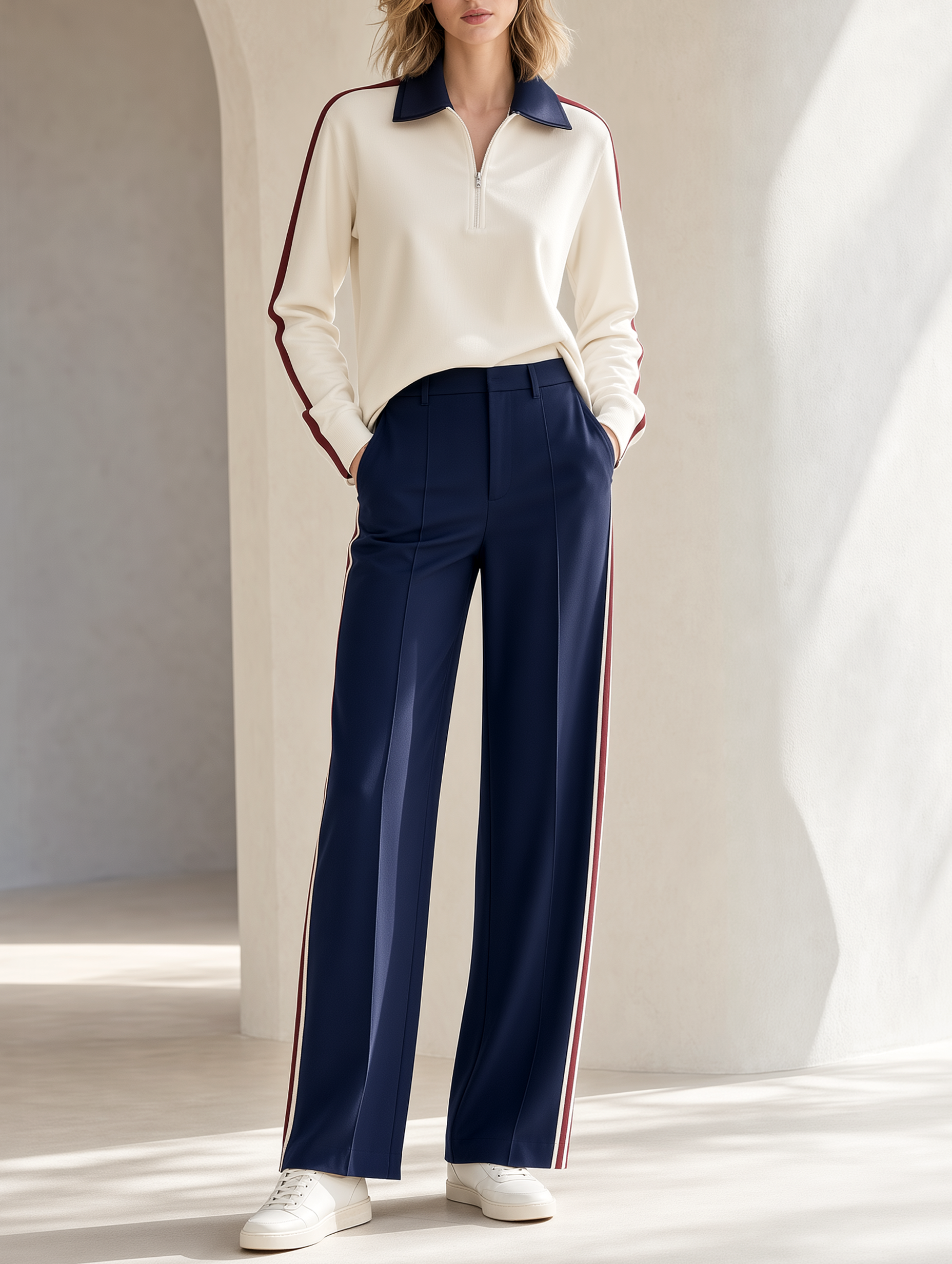 Off-white Color-block Sweatshirt And Navy Wide-leg Trousers Set