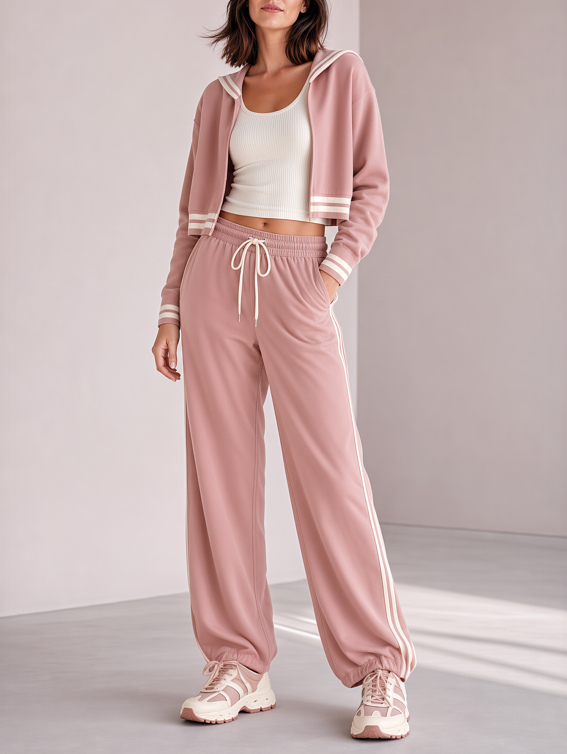 Pink Sailor-collar Jacket And Drawstring Cuffed Sweatpants Set
