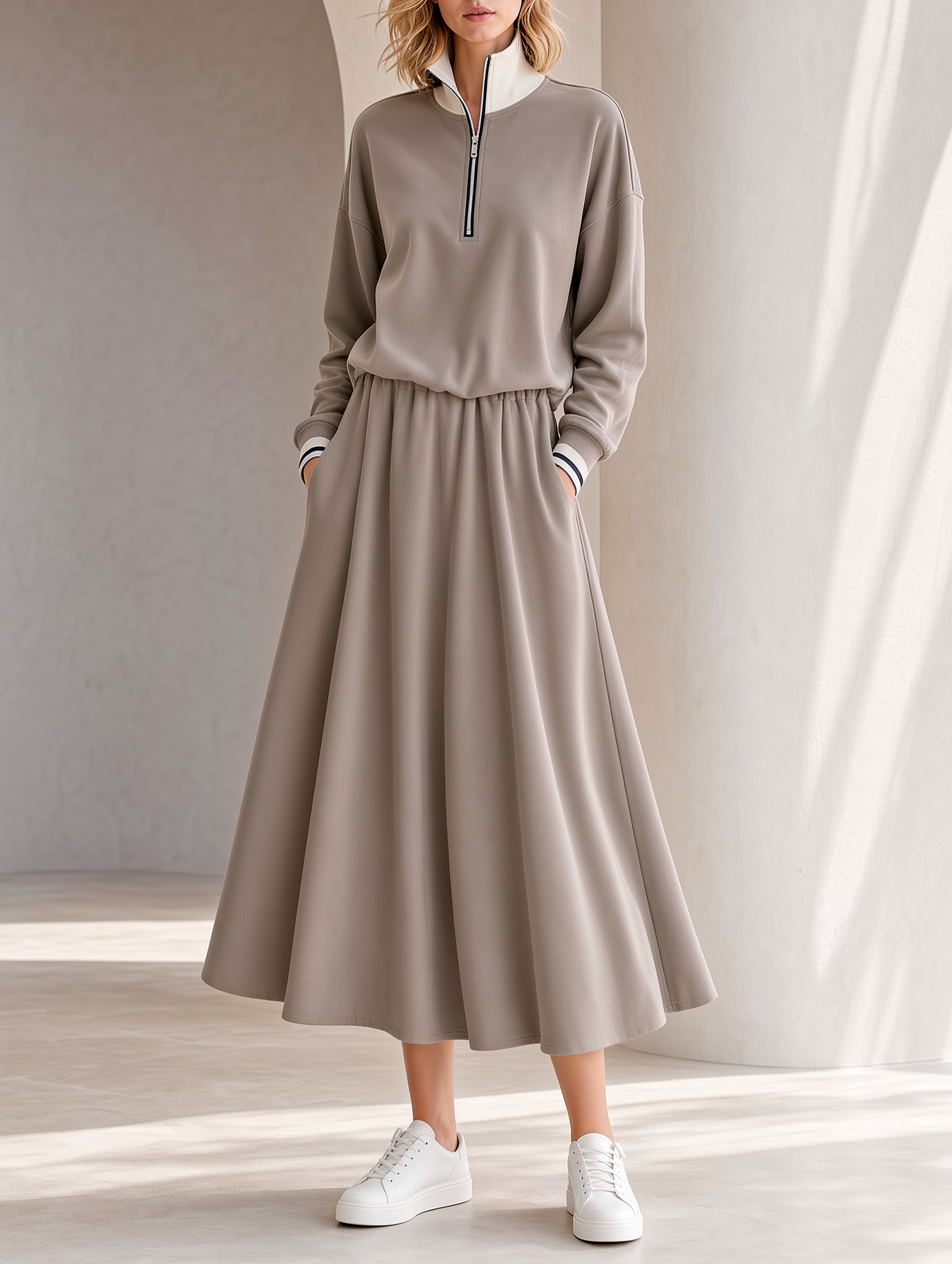 Oatmeal-grey Collared Jacket And Full-skirt Set