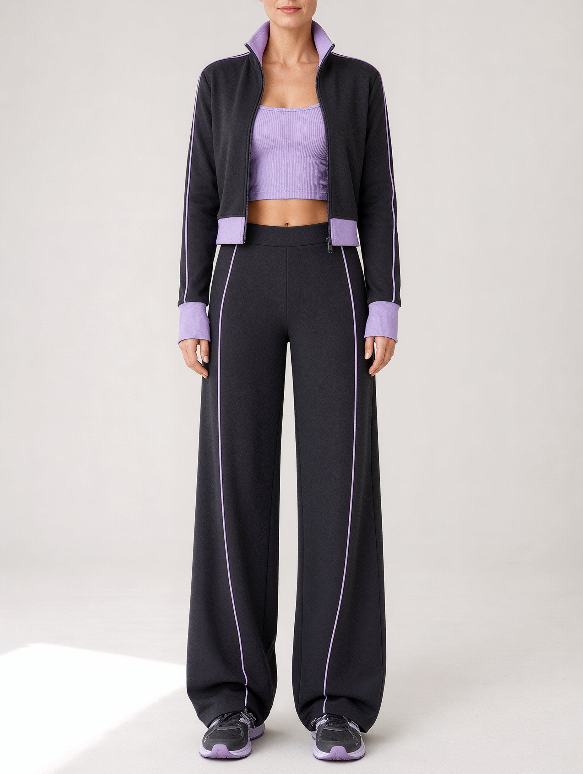 Charcoal And Purple Zip-up Jacket And Wide-leg Trousers Set