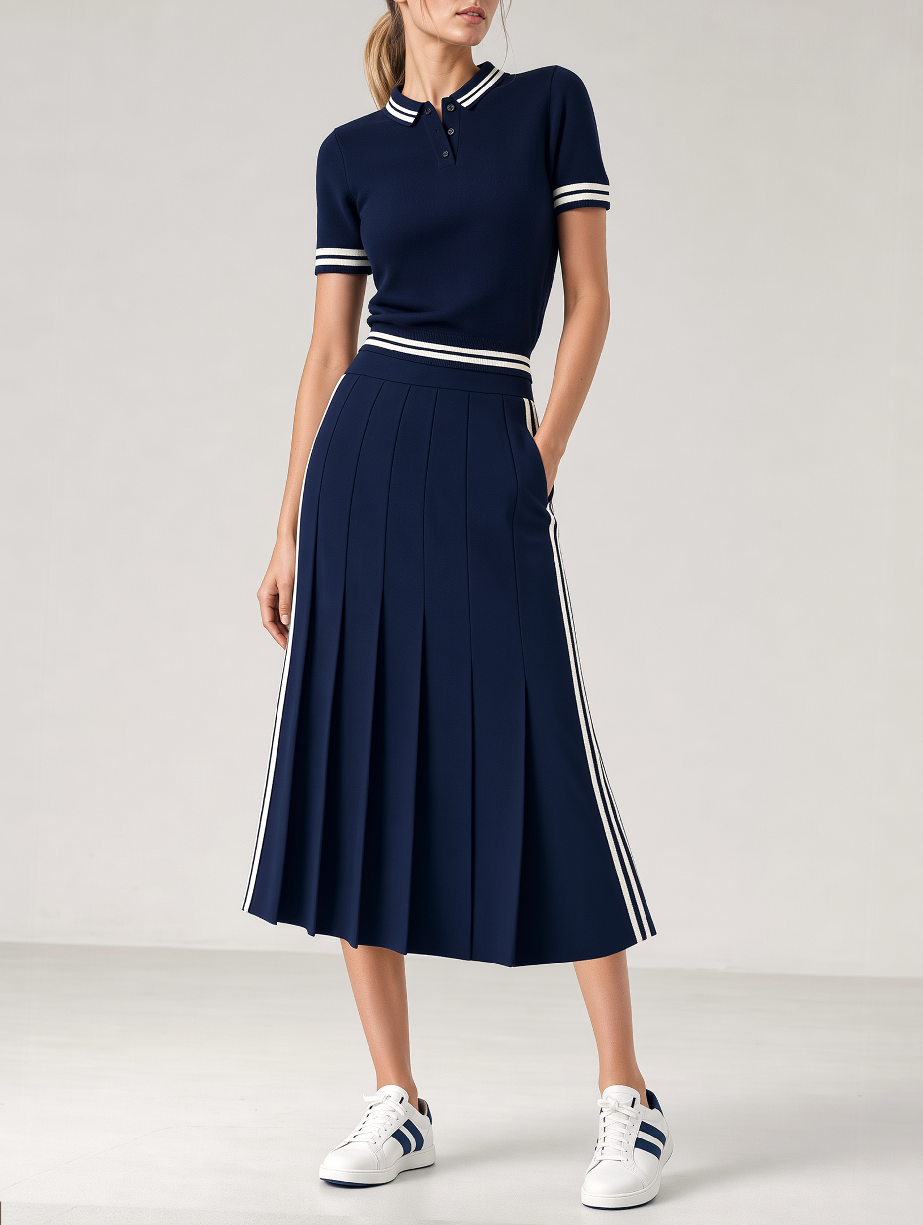 Navy Blue Half-Button Polo Shirt And Pleated Skirt Set