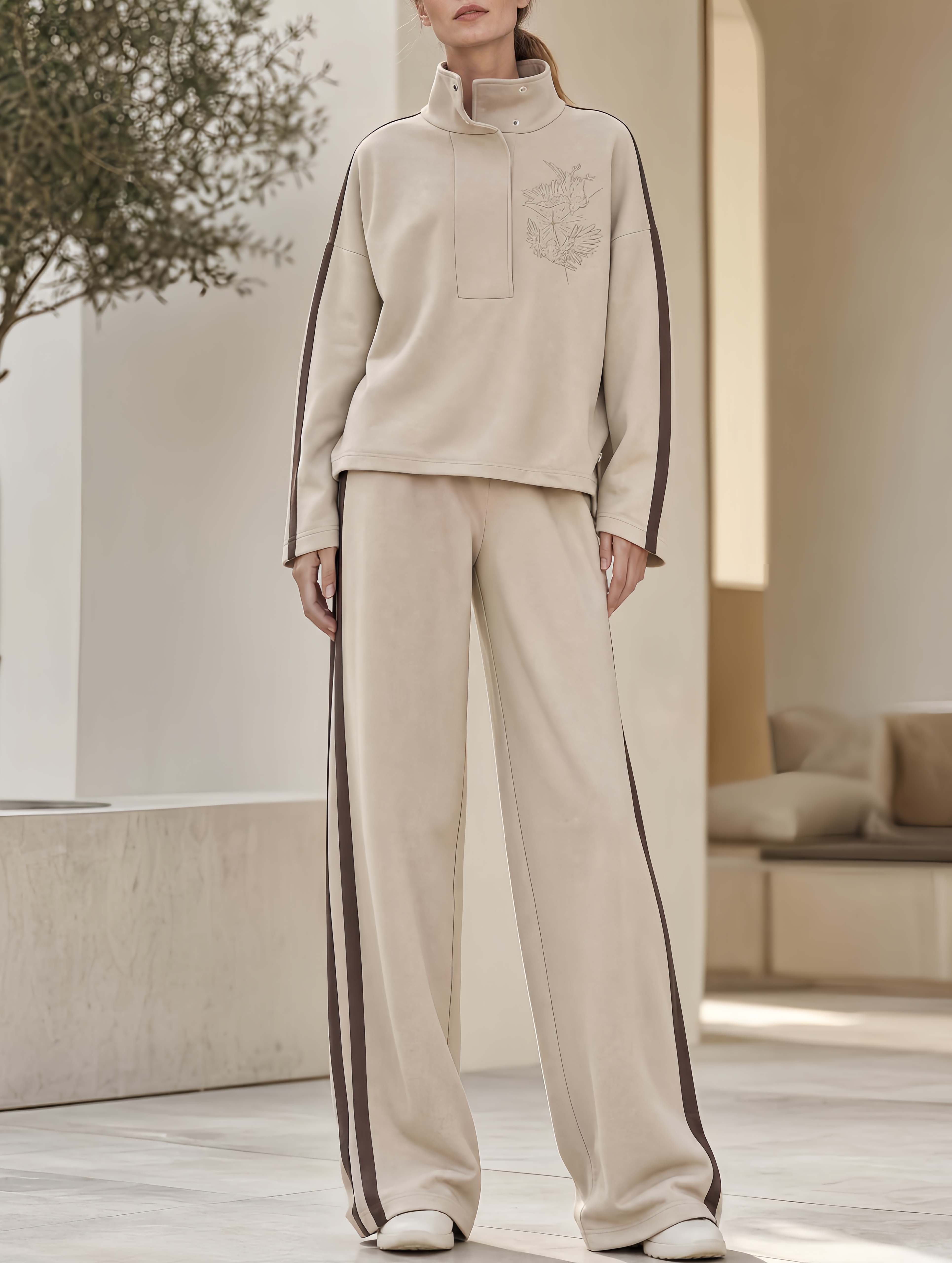 Stylish Casual Khaki Embroidered Long-Sleeve Top And Pants Set