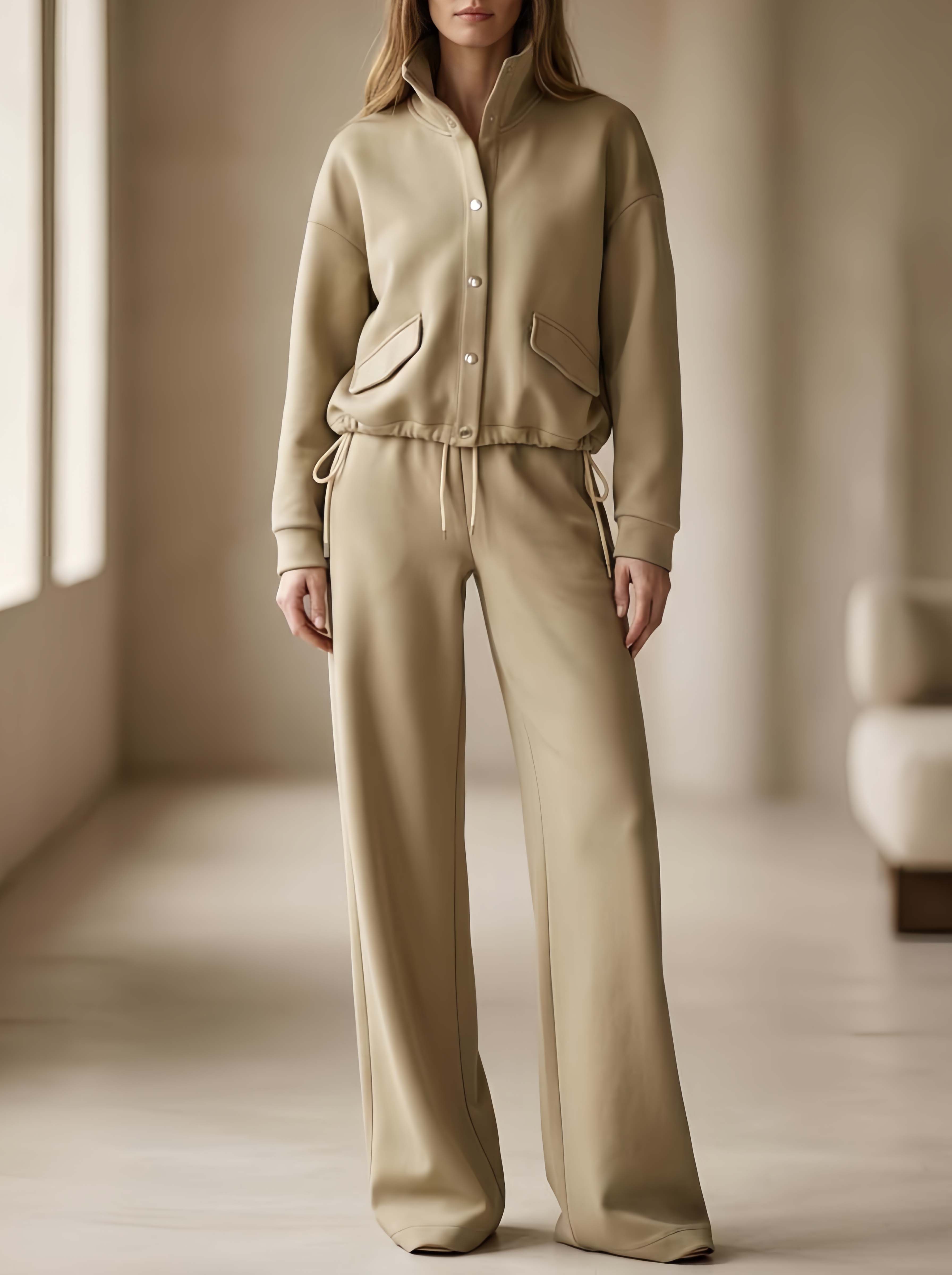 Chic Commuter-style Khaki Solid-color Long-sleeved Single-breasted Top And Trousers Set