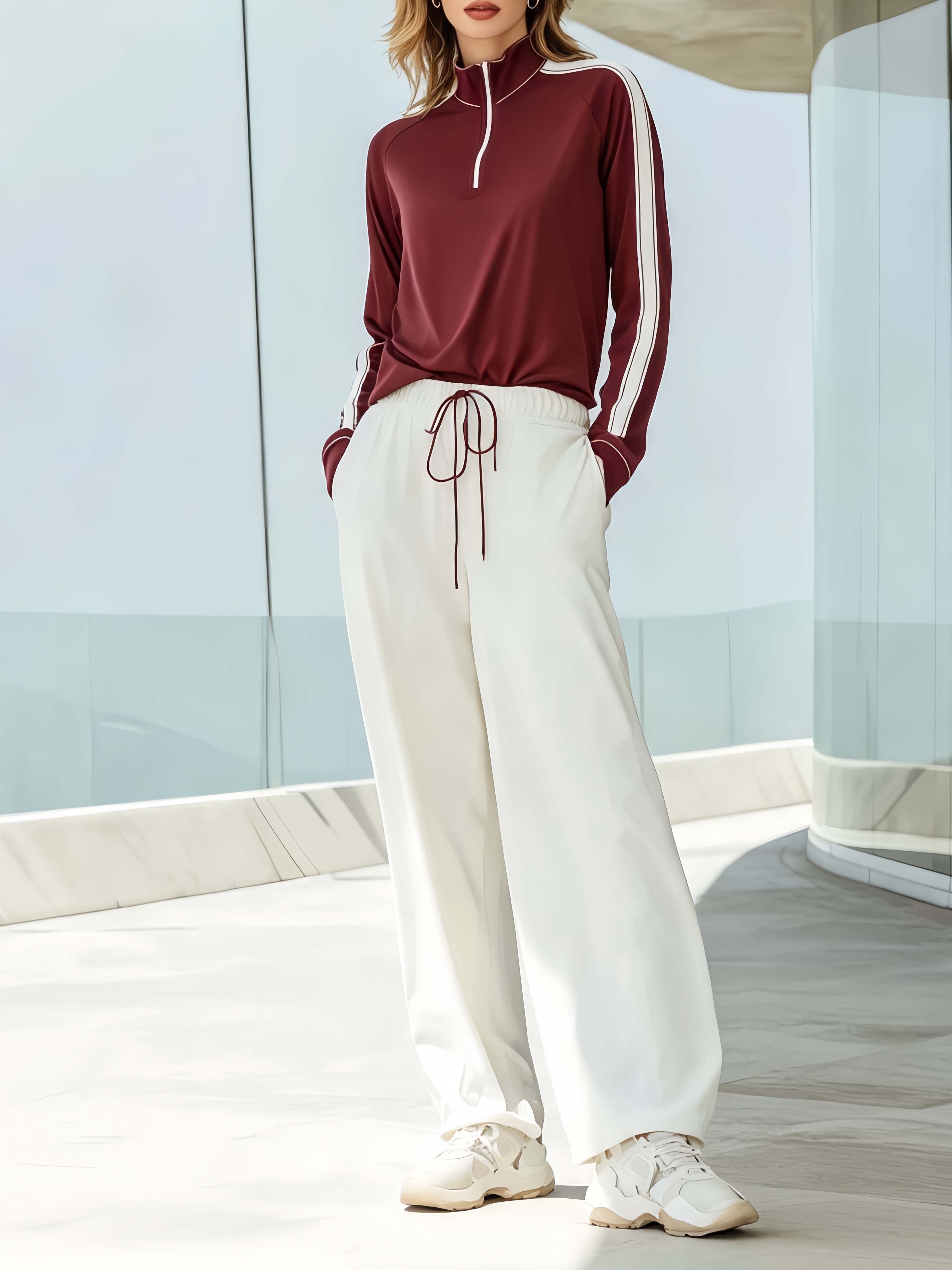Stylish Sporty Red Long-sleeve Top And White Trousers Casual Set