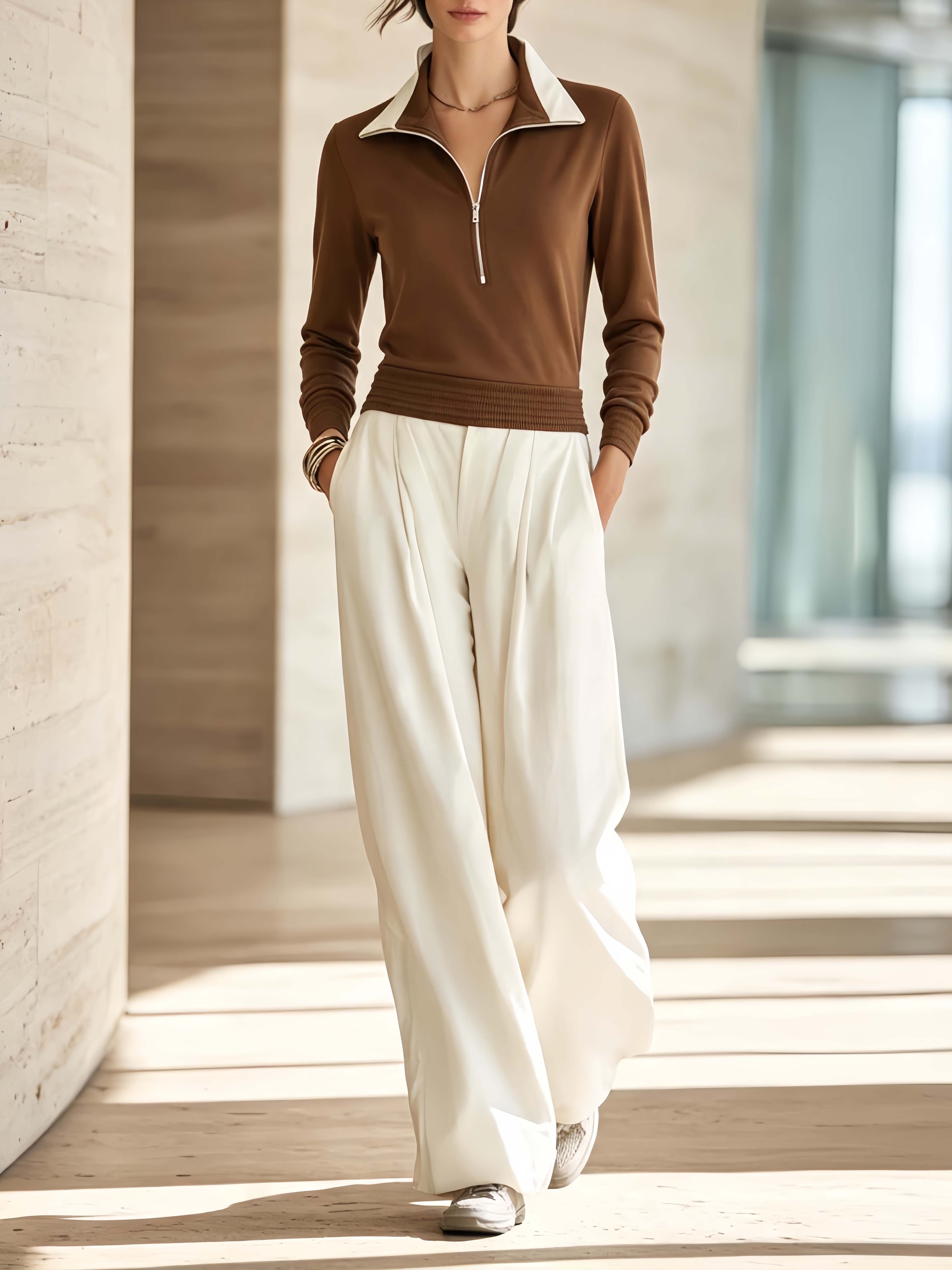 Stylish Casual Set Featuring A Brown Long-sleeved Top With A Zippered Collar And White Trousers