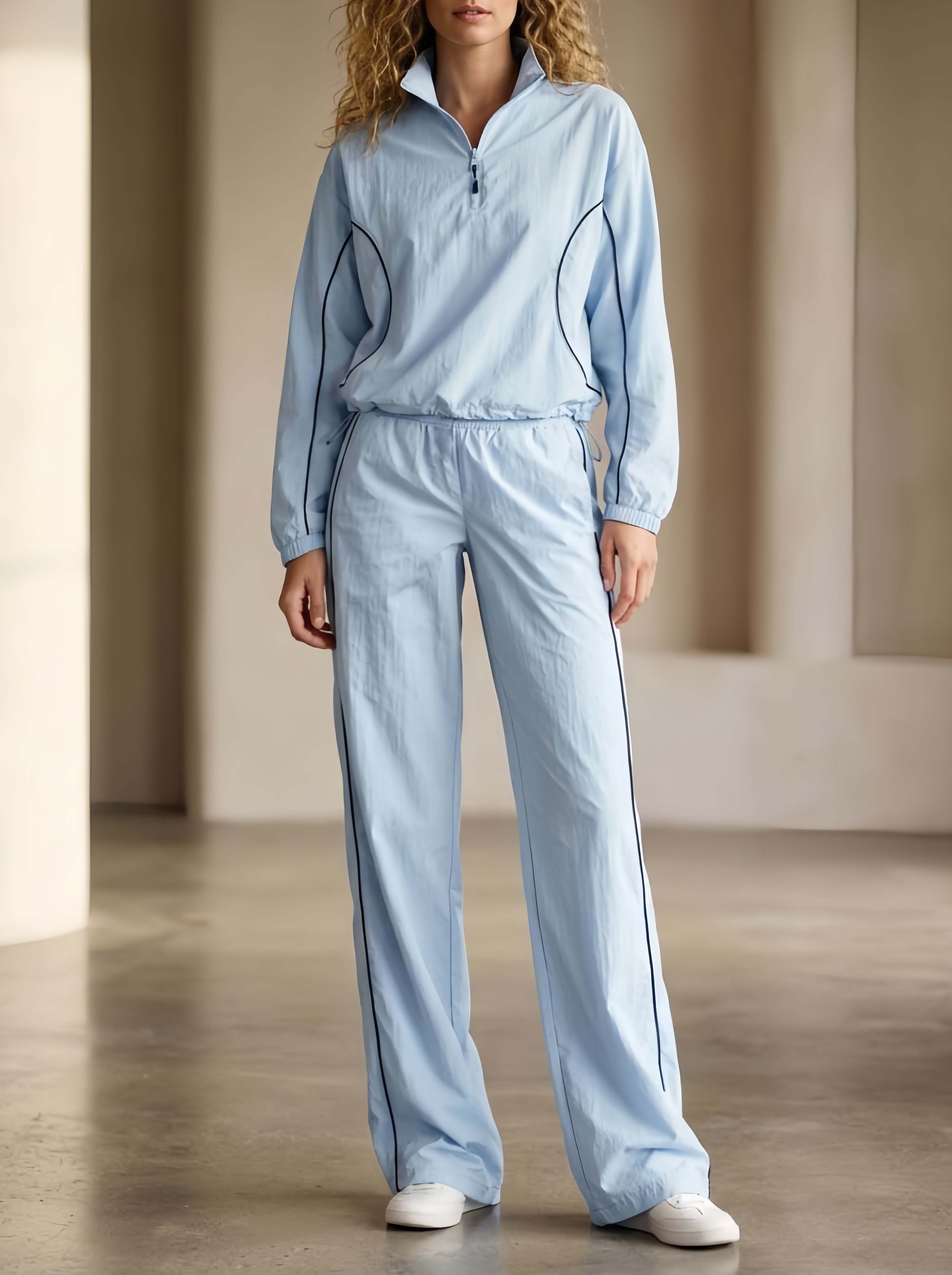 Stylish Sporty Light Blue Long-sleeve Zip-collar Top And Pants Set