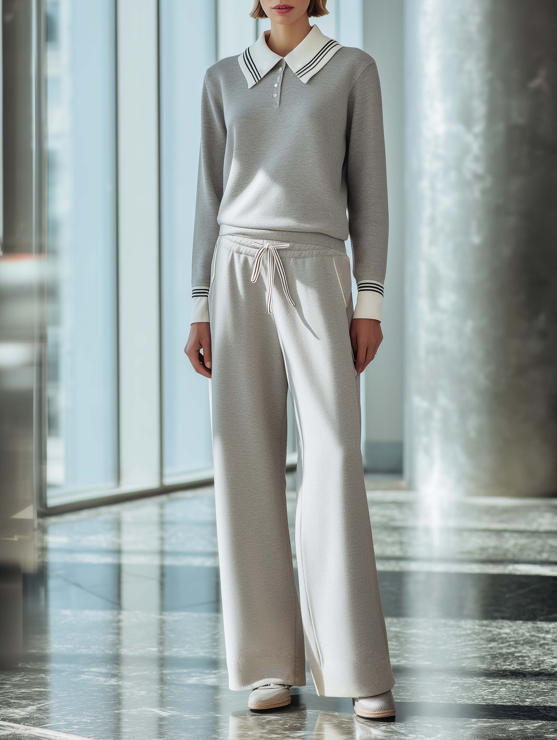 Stylish And Casual Grey Long-sleeved Collared Top And Trousers Set