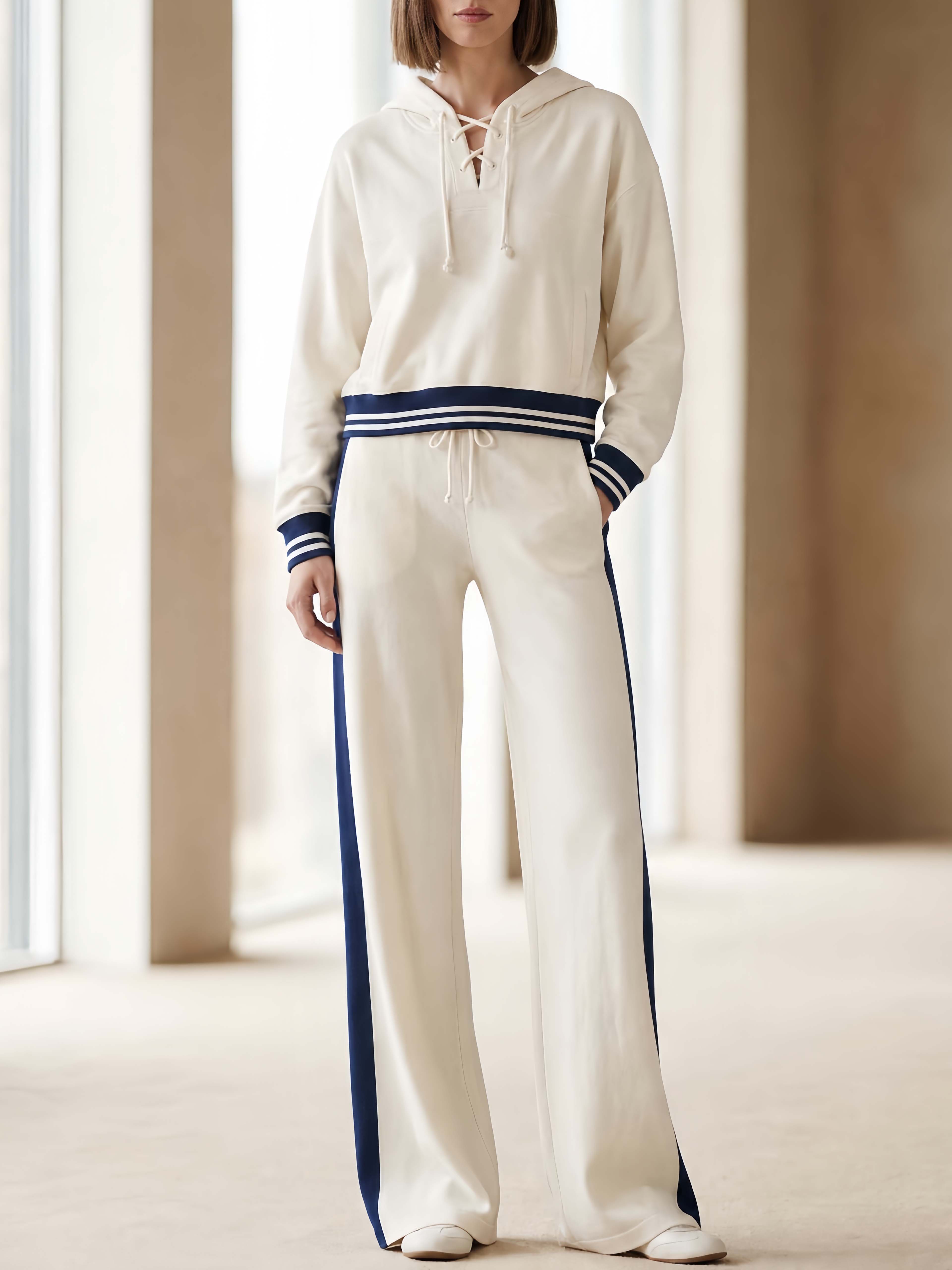 Stylish And Casual Off-white Hooded Sweatshirt And Pants Set With Lace-up Detailing