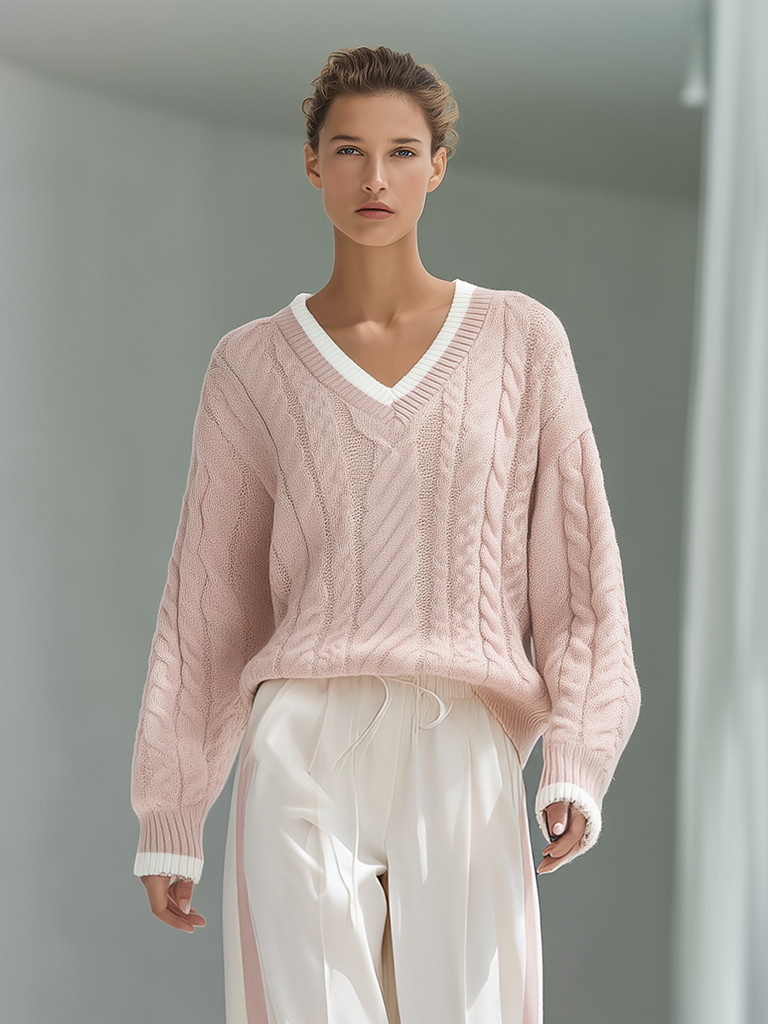 Stylish Pink Color-Block V-Neck Cable-Knit Sweater