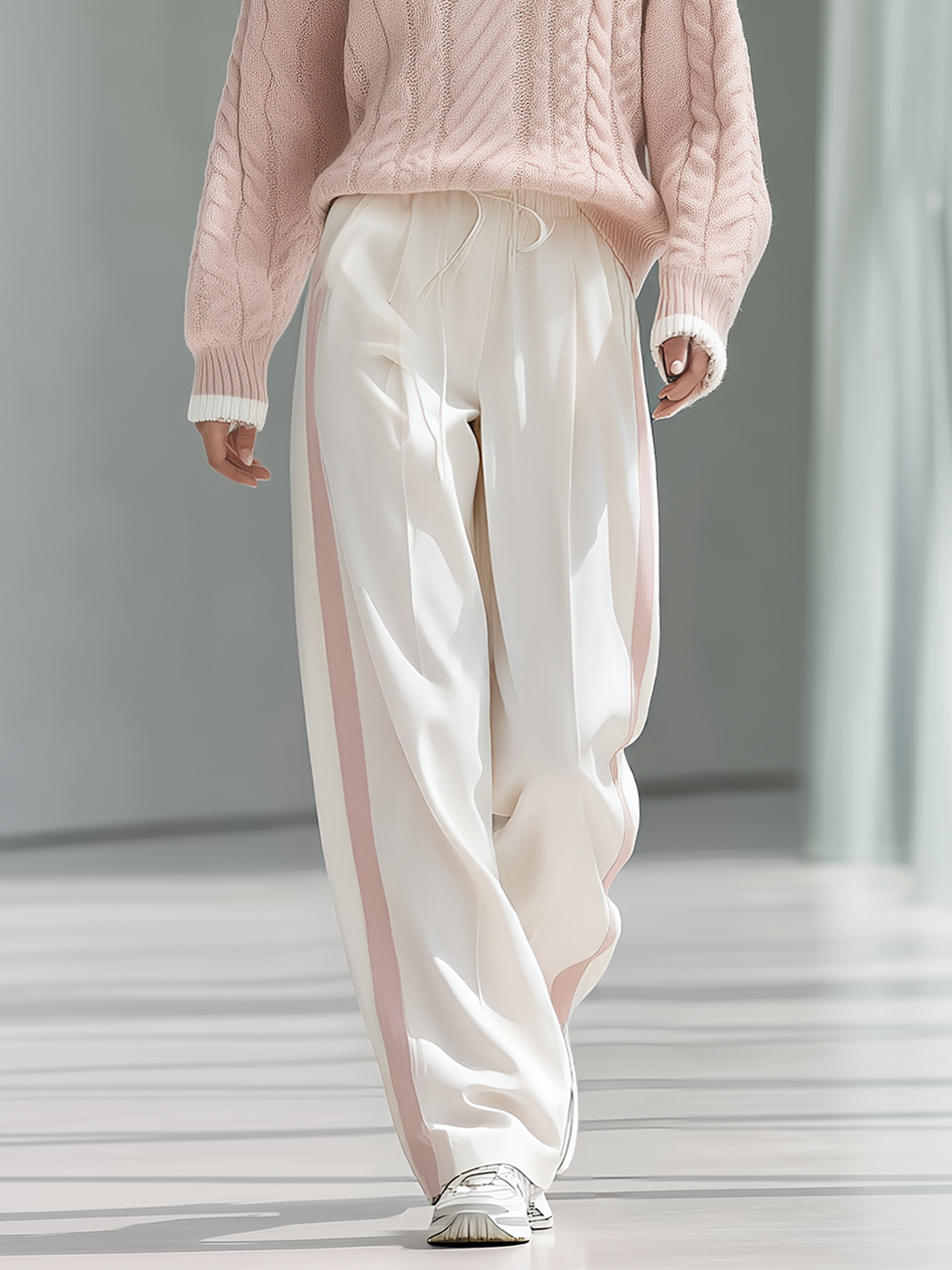 Stylish And Versatile White Wide-leg Trousers With Contrasting Side Stripes