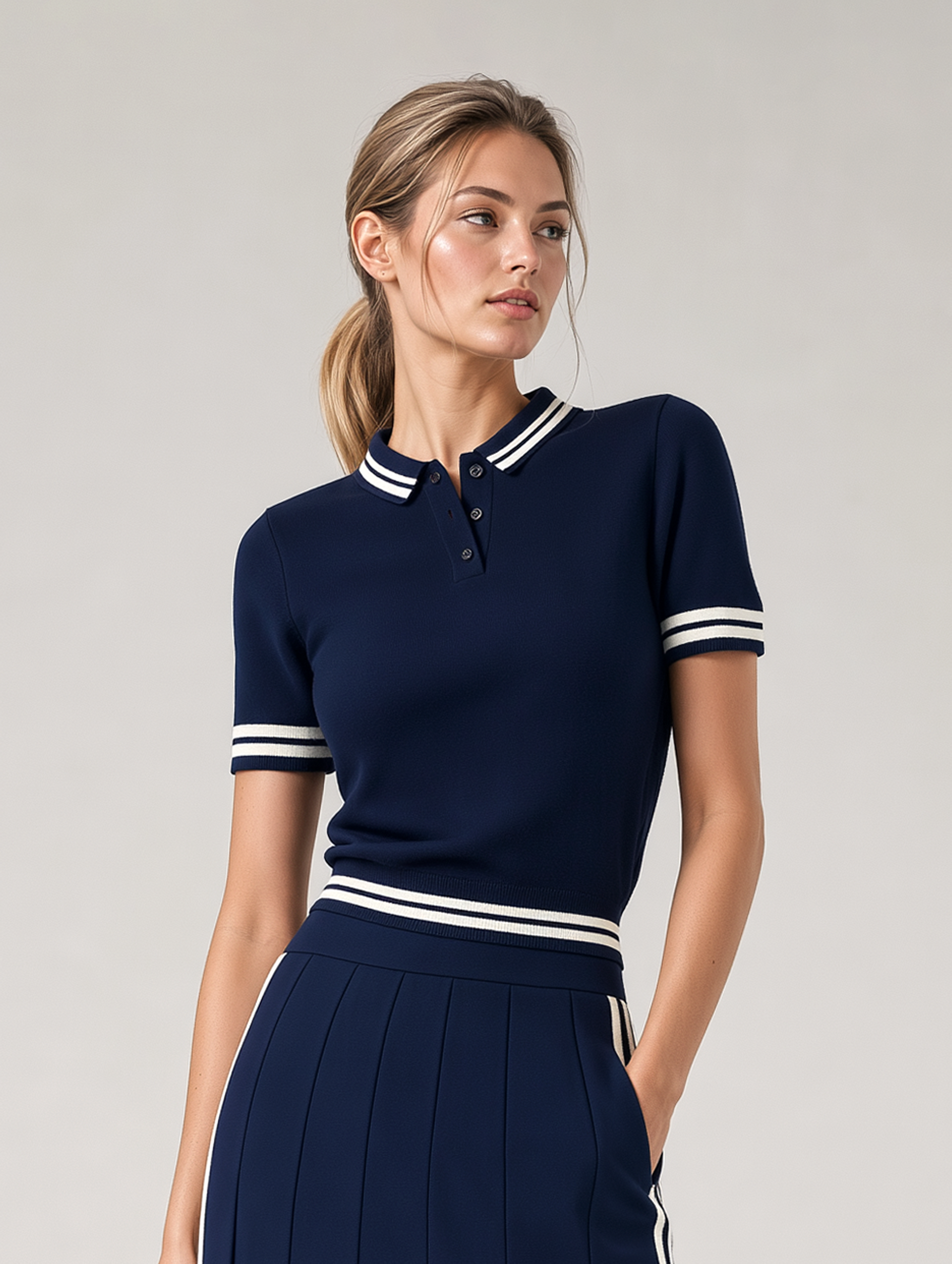 Navy Knitted Polo Shirt With Striped Trim