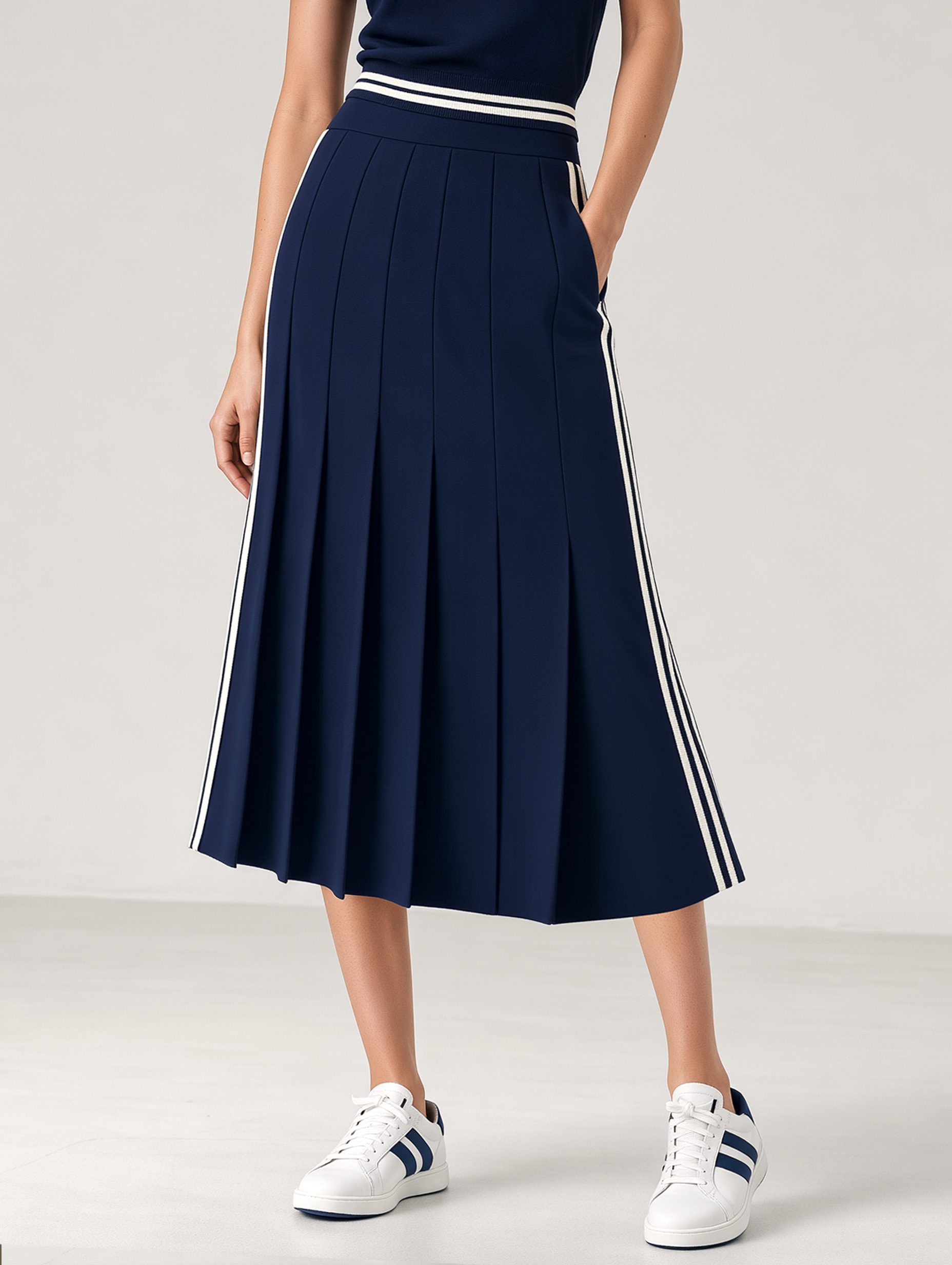 Navy Striped High-waisted Pleated Midi Skirt