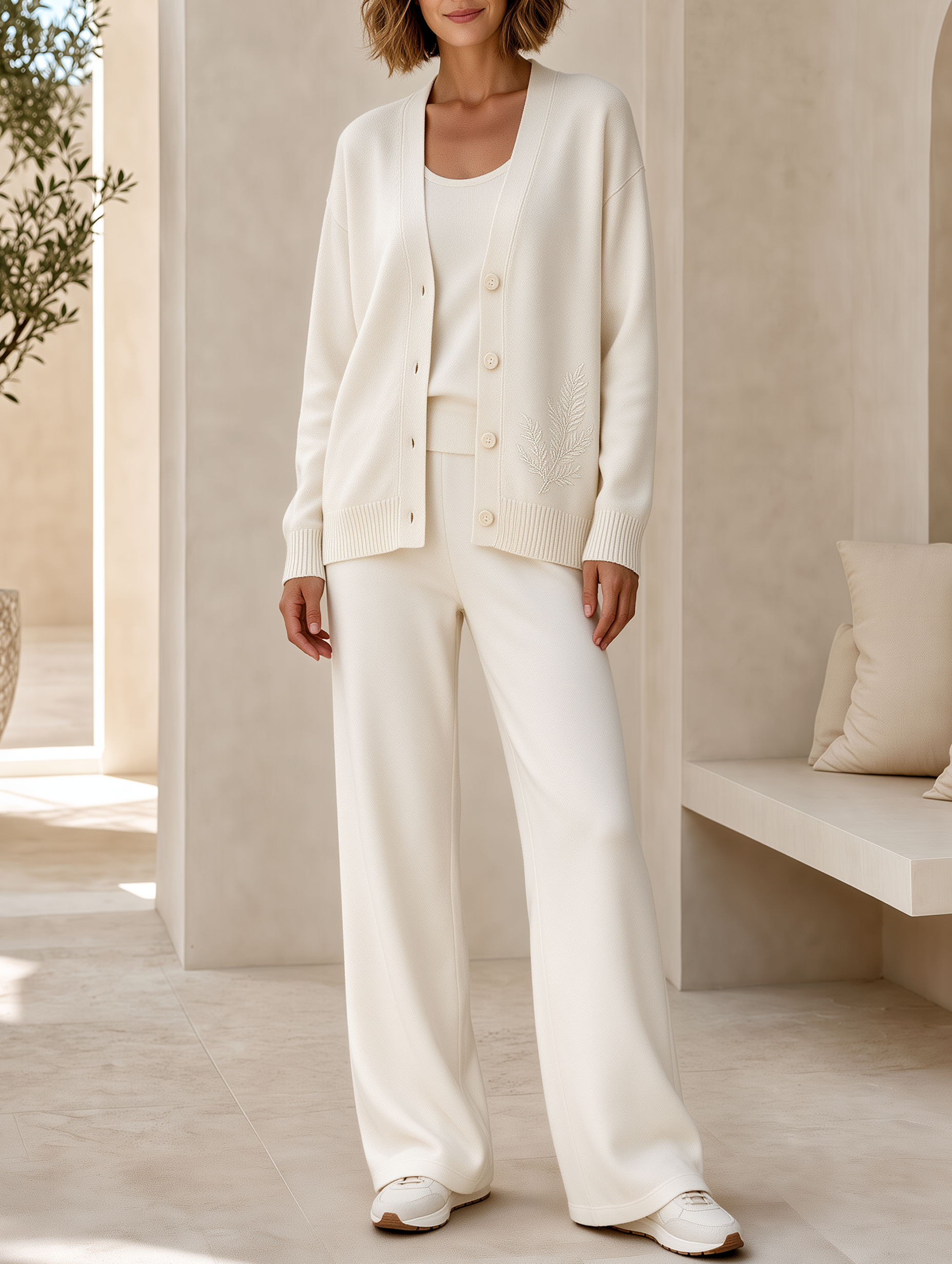 Off-white Embroidered Knit Cardigan And Wide-leg Trousers Set