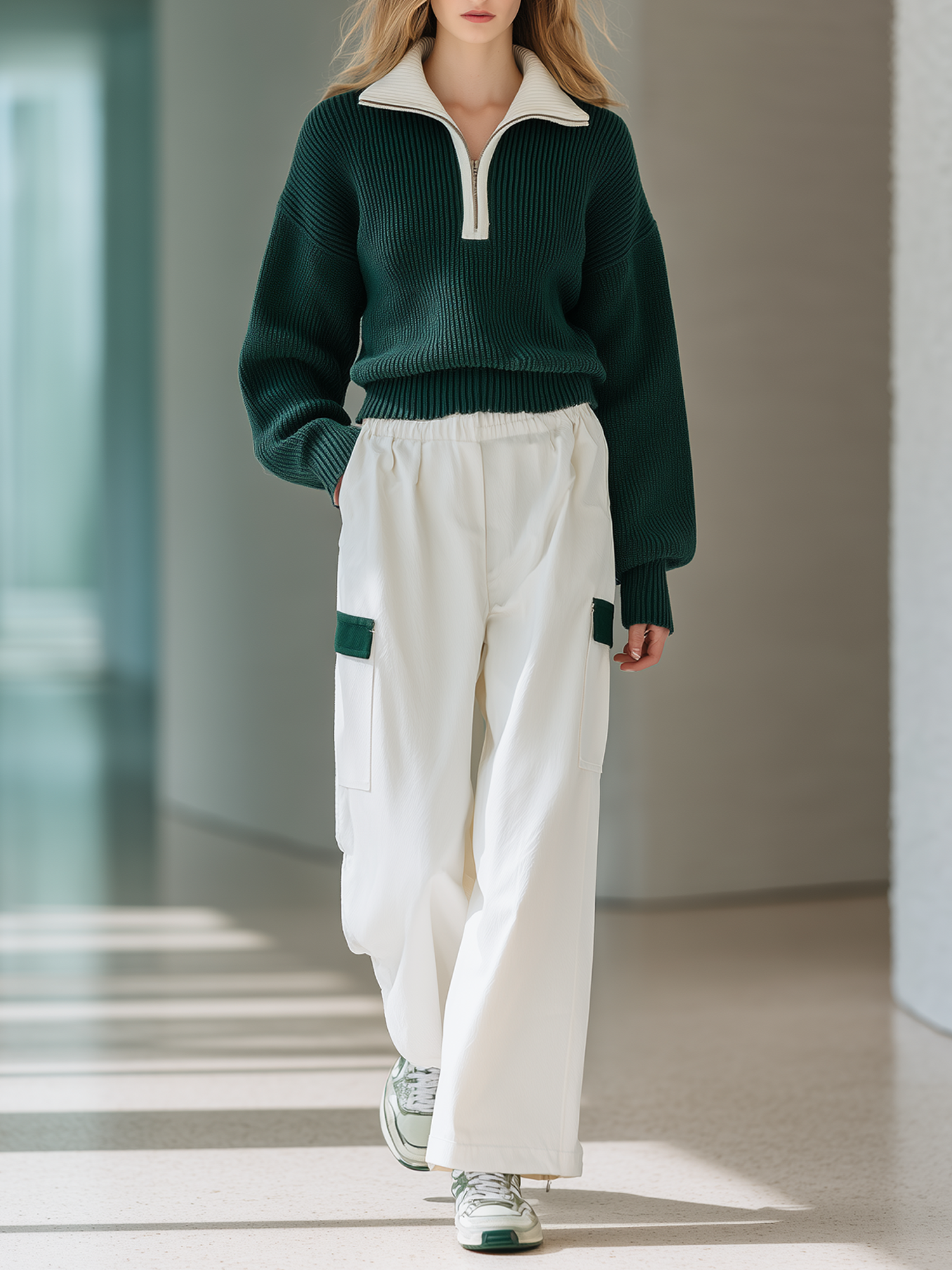 Dark Green Half-Zip Knit Sweater And Cargo Wide-Leg Pants Set