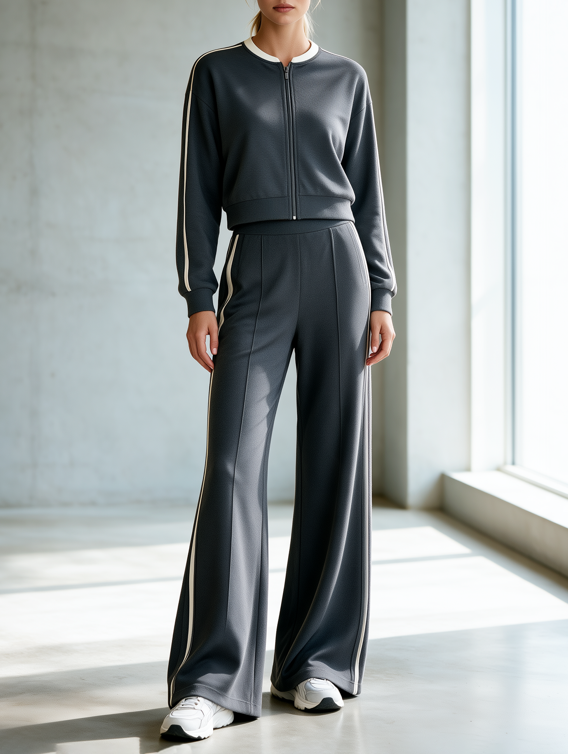 Dark Grey Striped Zip-up Sweatshirt And Wide-leg Pants Set