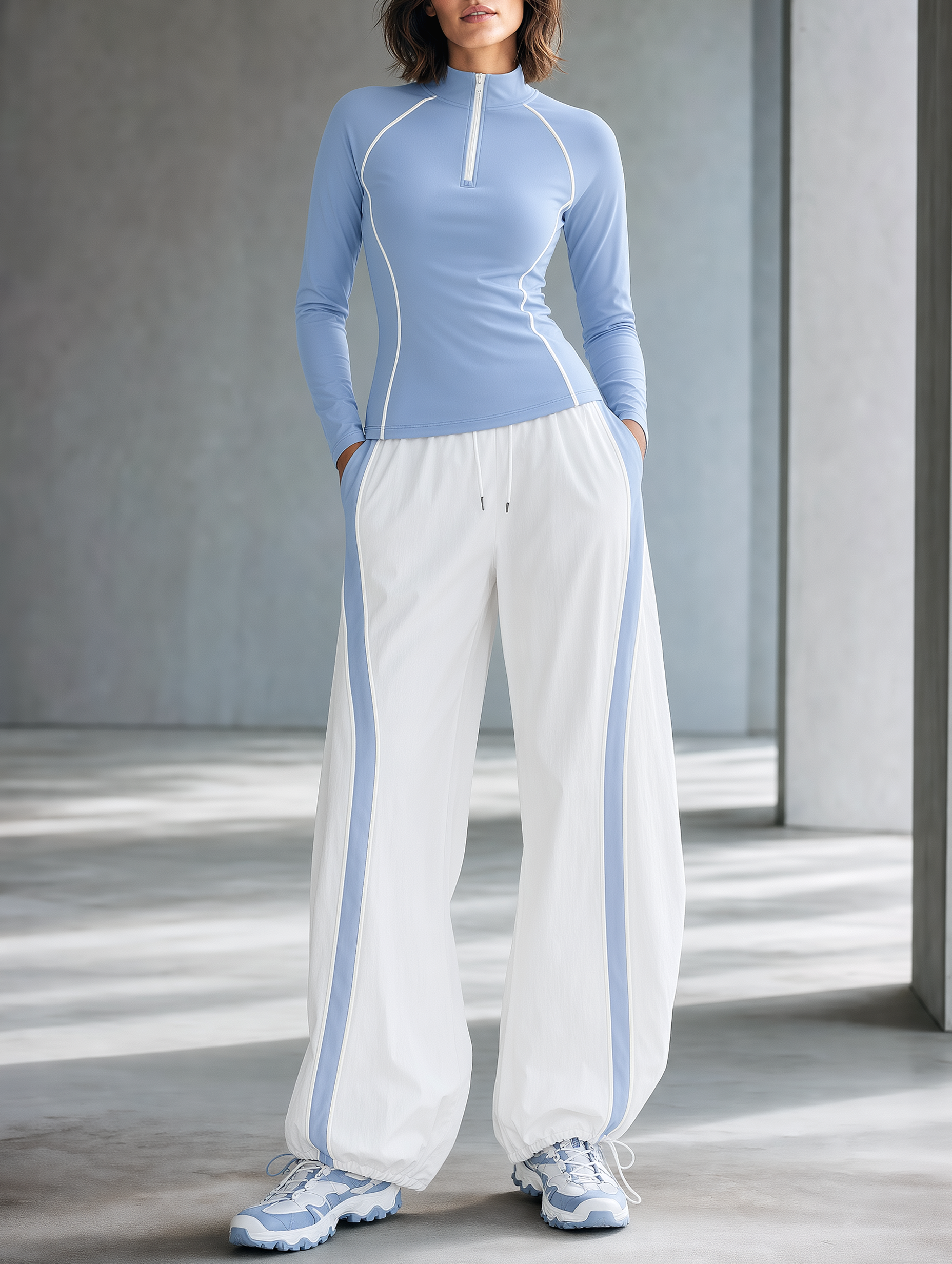 Light Blue Half-Zip Long-Sleeve Top And Drawstring Cuffed Jogger Set