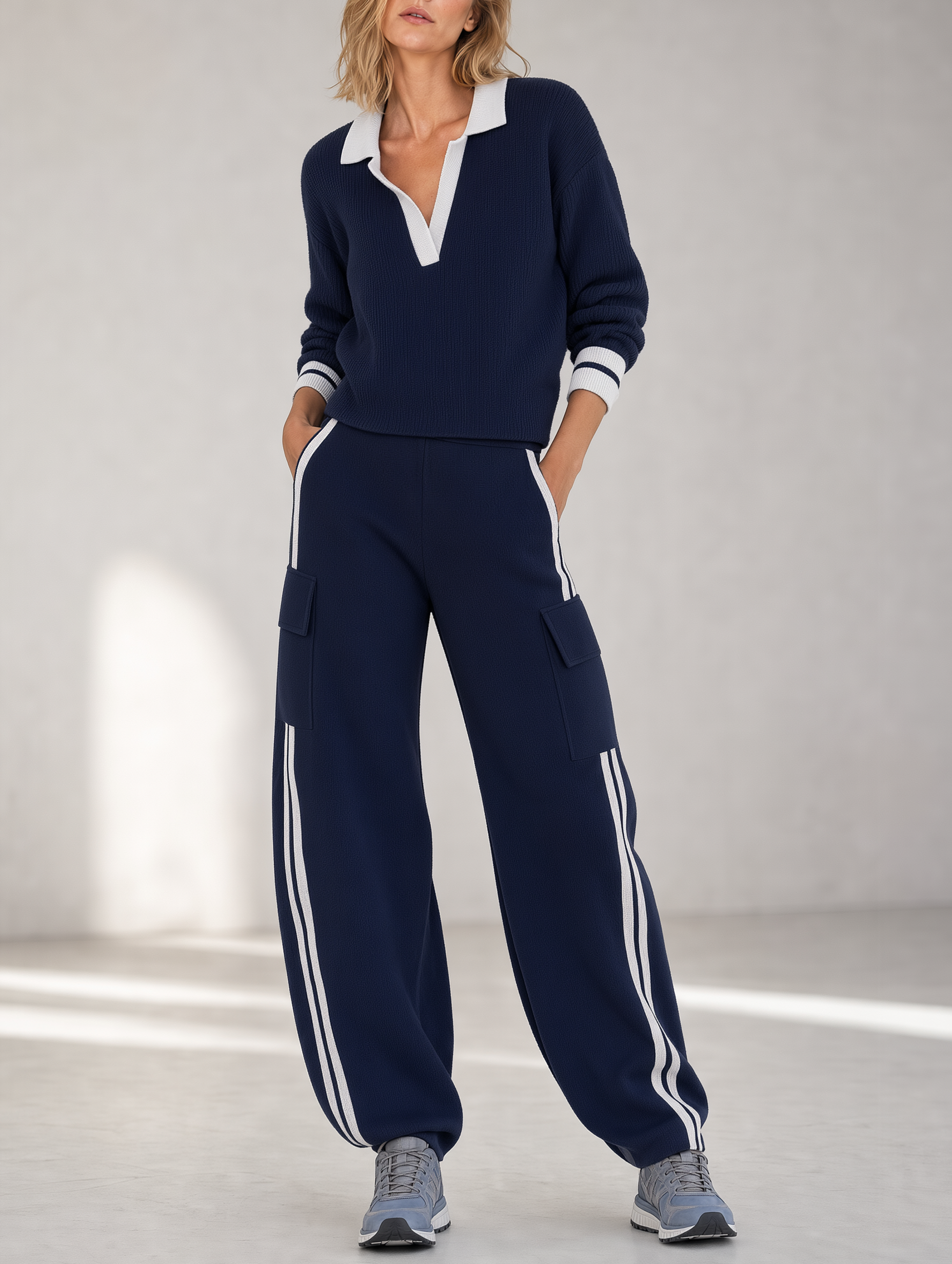 Navy Blue Polo Shirt And Cargo Joggers Set