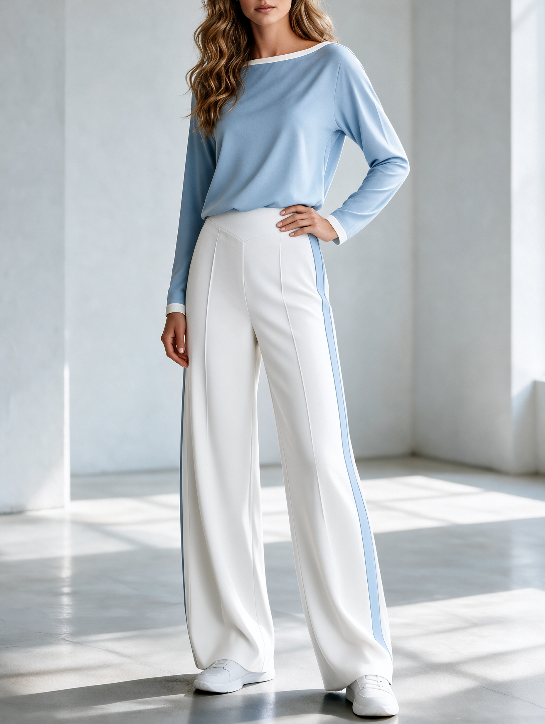 Blue Off-the-shoulder T-shirt And White Wide-leg Trousers Set