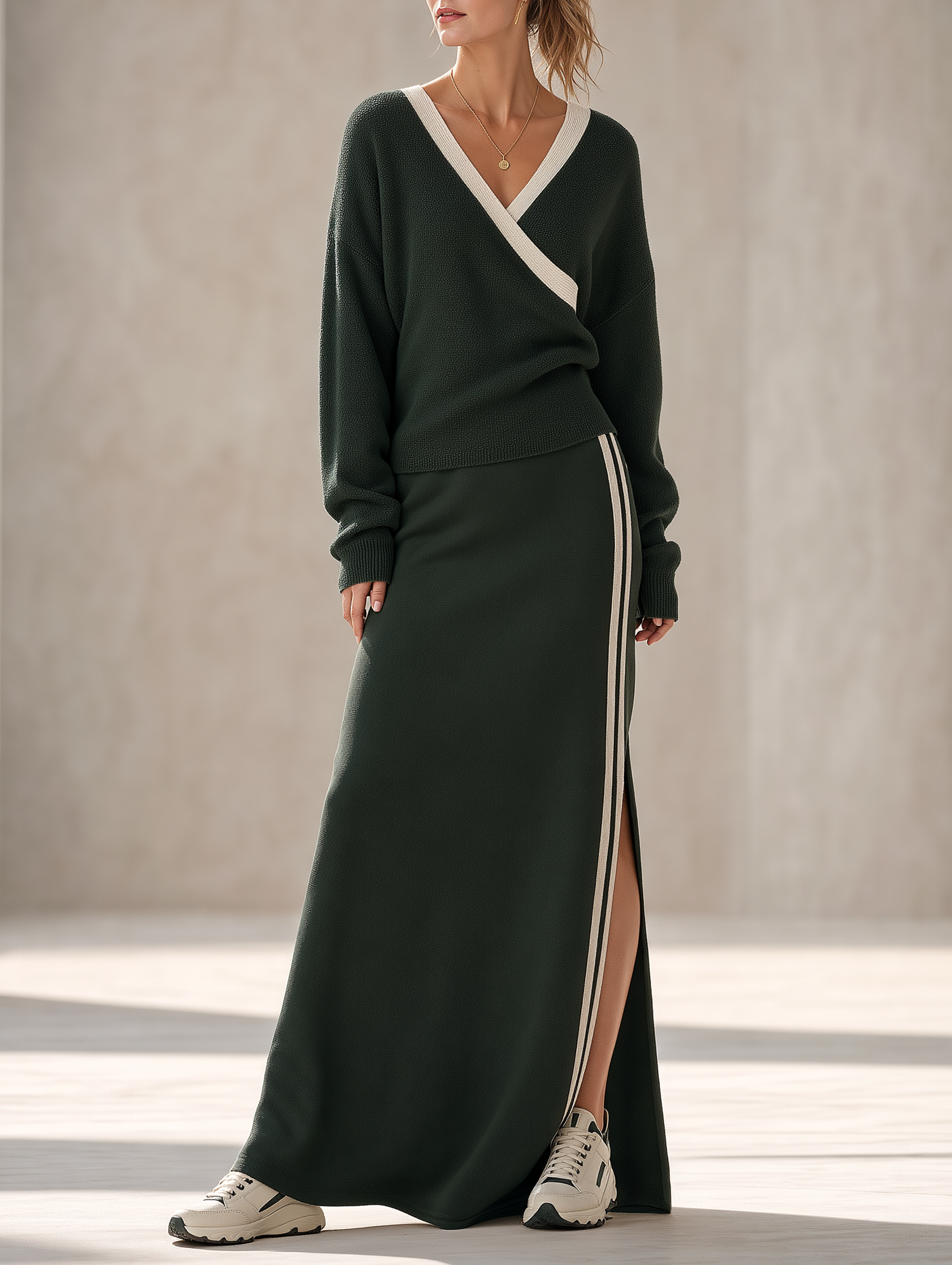 Dark Green V-neck Sweater And High-waisted Maxi Skirt Set