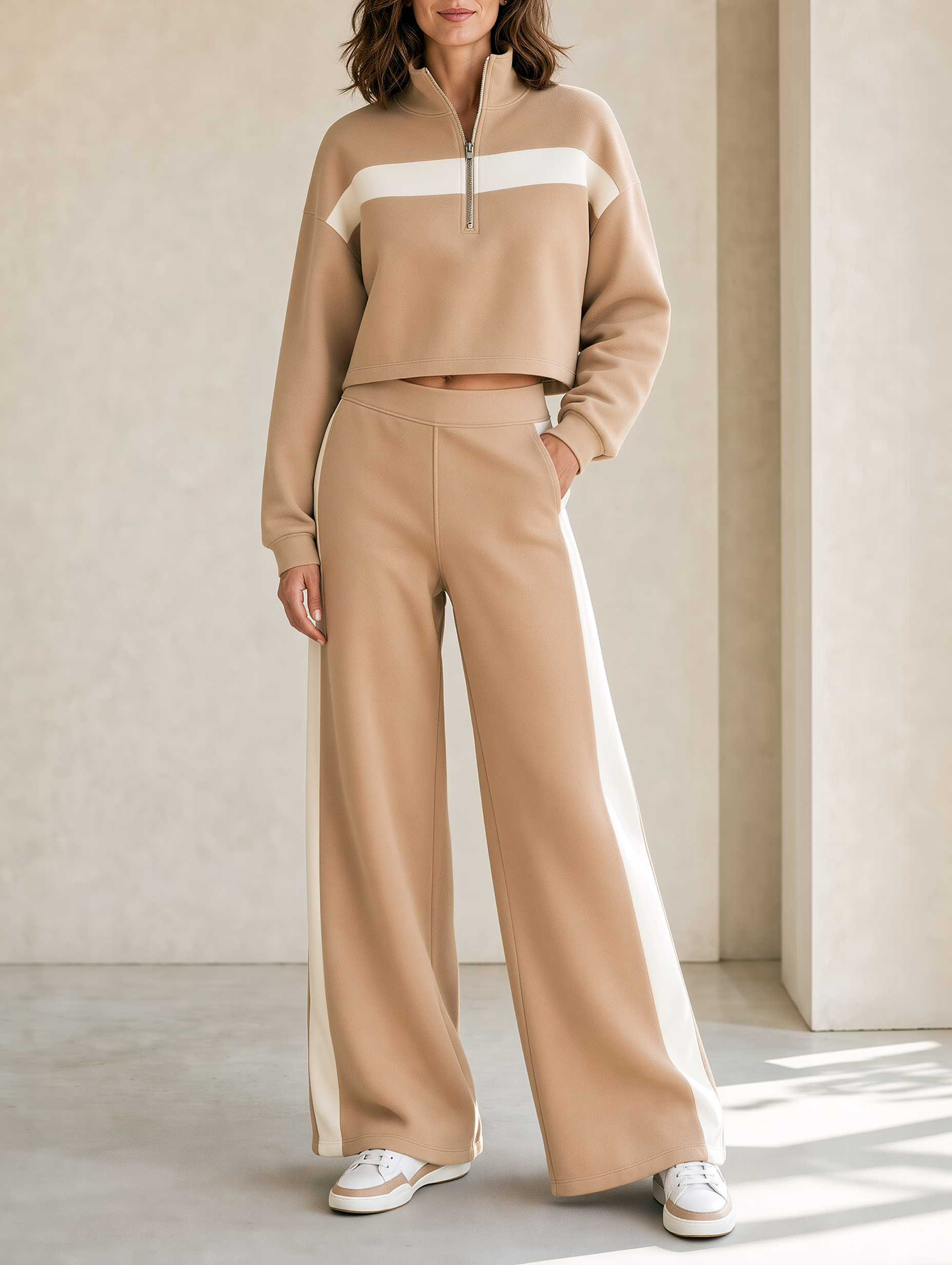Khaki Half-zip Sweatshirt And Wide-leg Casual Trousers Set