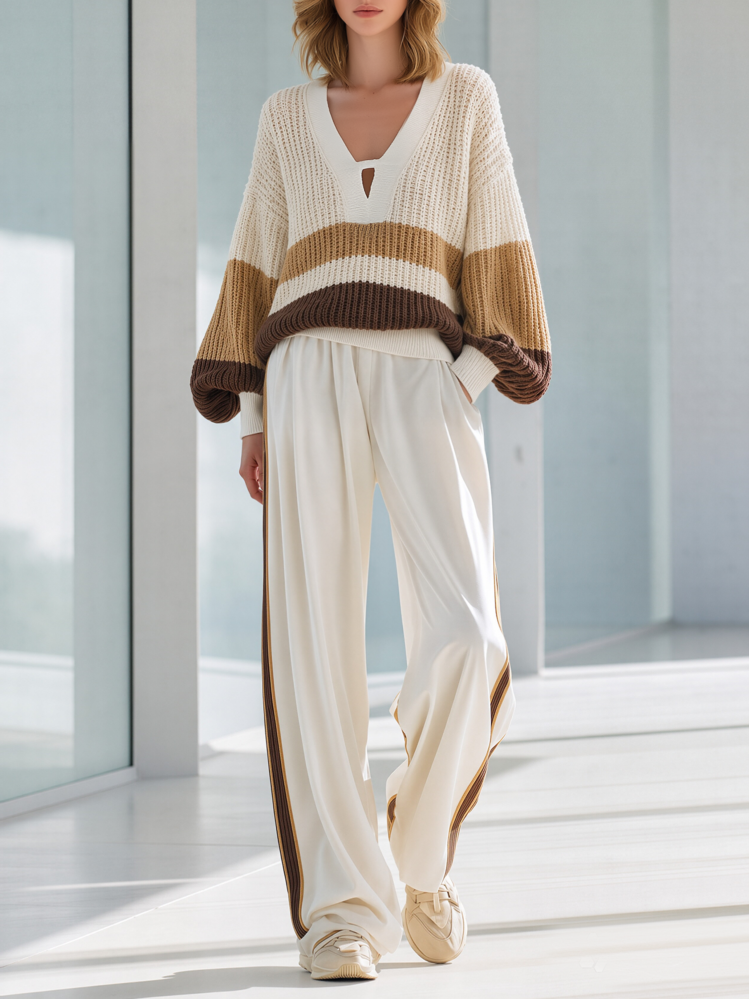 Beige Color-block V-neck Cutout Sweater And Side-stripe Wide-leg Pants Set