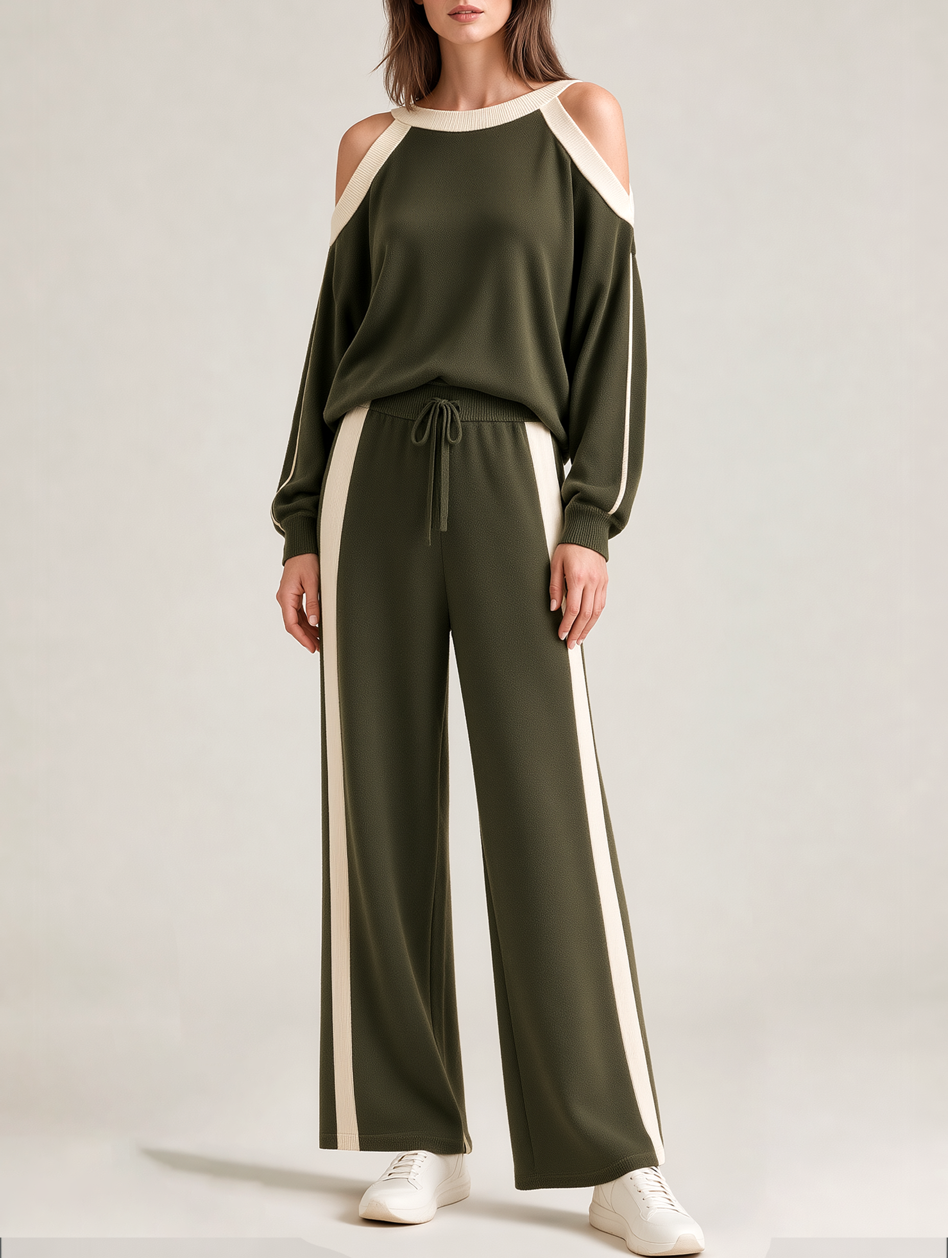 Army Green Off-shoulder Top And High-waisted Wide-leg Trousers Set