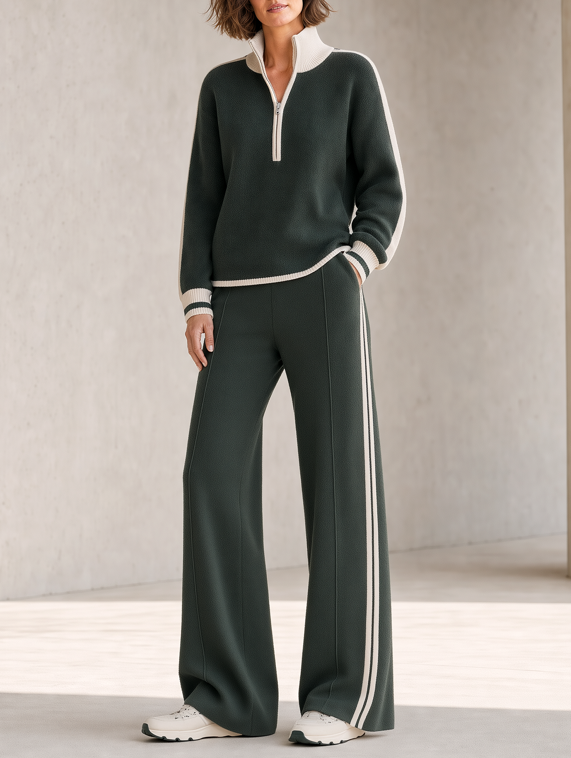 Dark Green Half-zip Knit Top And Wide-leg Pants Set