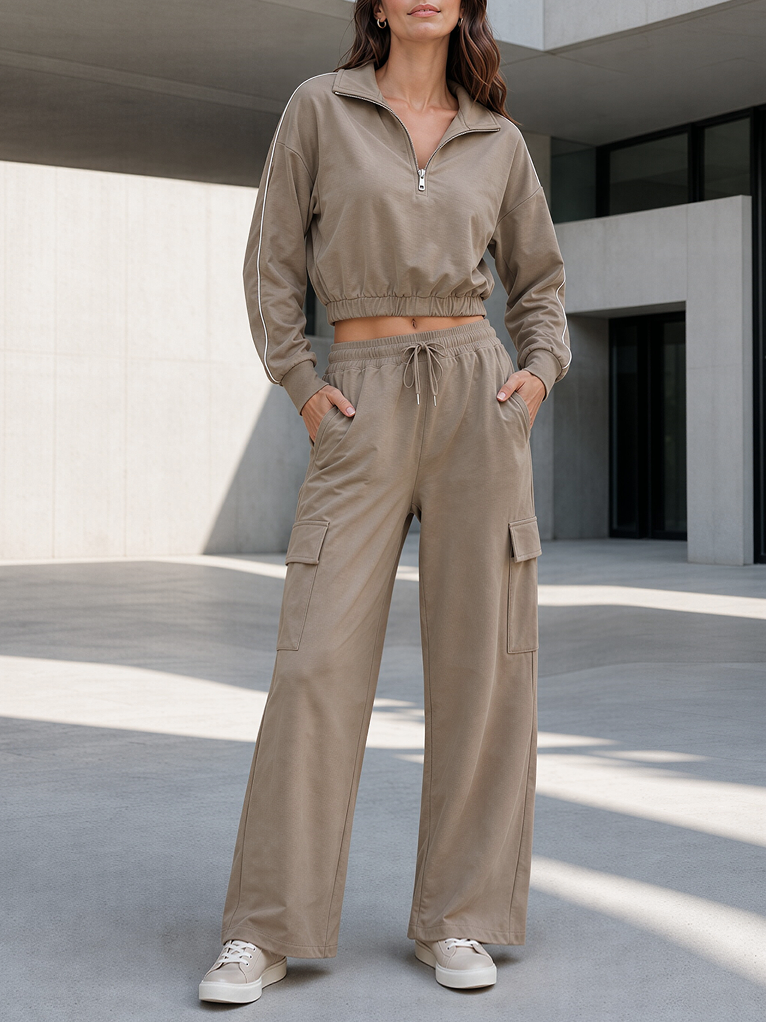 Khaki Cropped Zip Sweatshirt And Cargo Wide-Leg Pants Set
