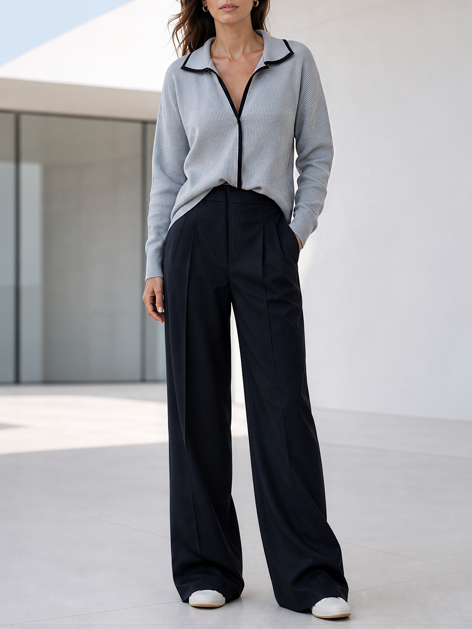 Light Blue Knit Top With Contrast-trim Collar And Wide-leg Trousers Set