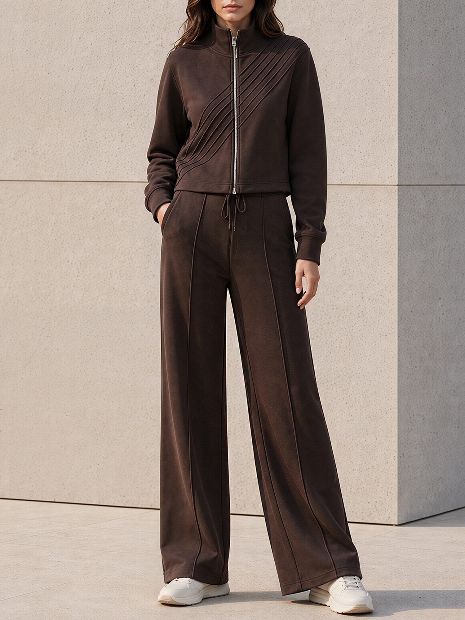 Brown Pleated Zip-up Jacket And Wide-leg Trousers Set
