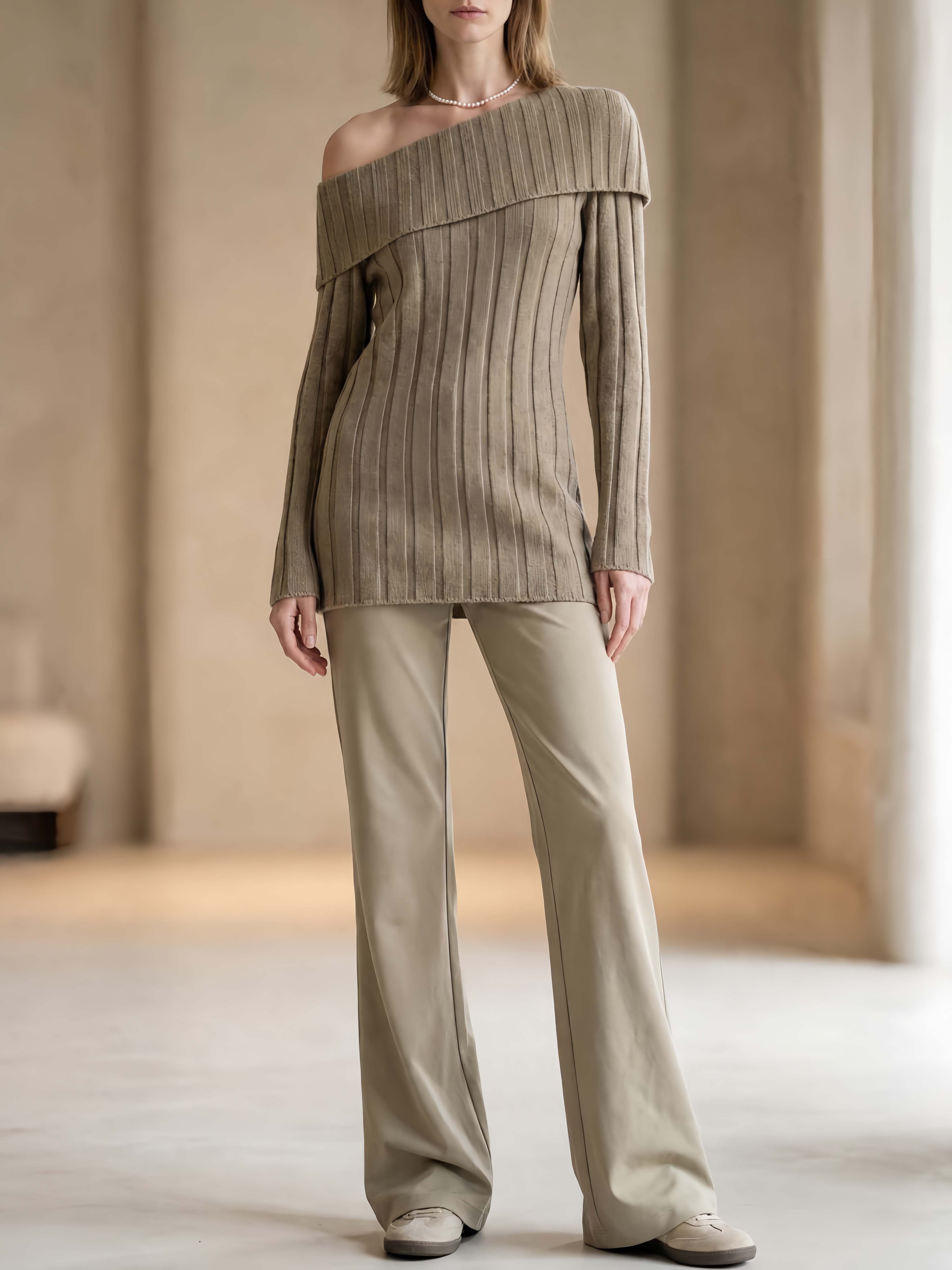 Chic Commuter-style Khaki Off-shoulder Long-sleeve Sweater And Trousers Set