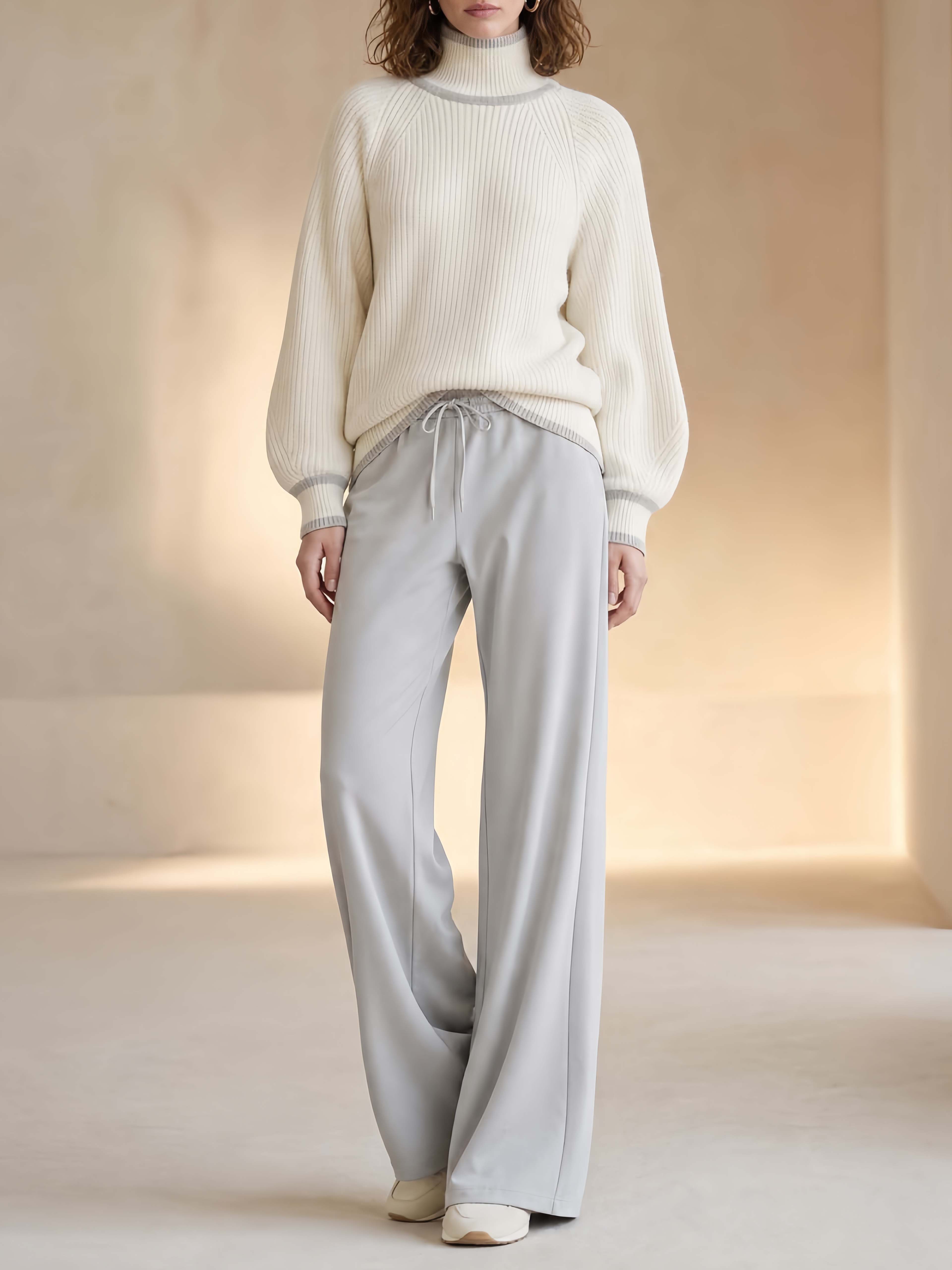 Stylish Casual White And Grey Color-block Long-sleeve Turtleneck Sweater And Trousers Set